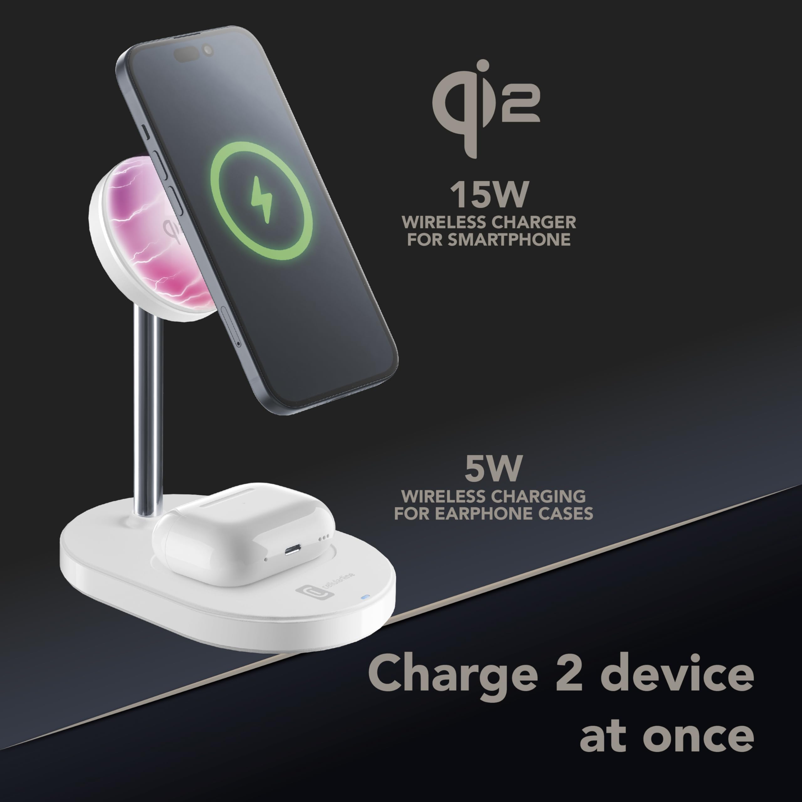 Cellularline MAG Duo 2in1 Magnetische Wireless-Ladestation mit Qi2-Zertifizierung, Bis zu 15W für Smartphones und Kopfhörer, Sicheres und Vielseitiges Pad für Vertikales und Horizontales Laden