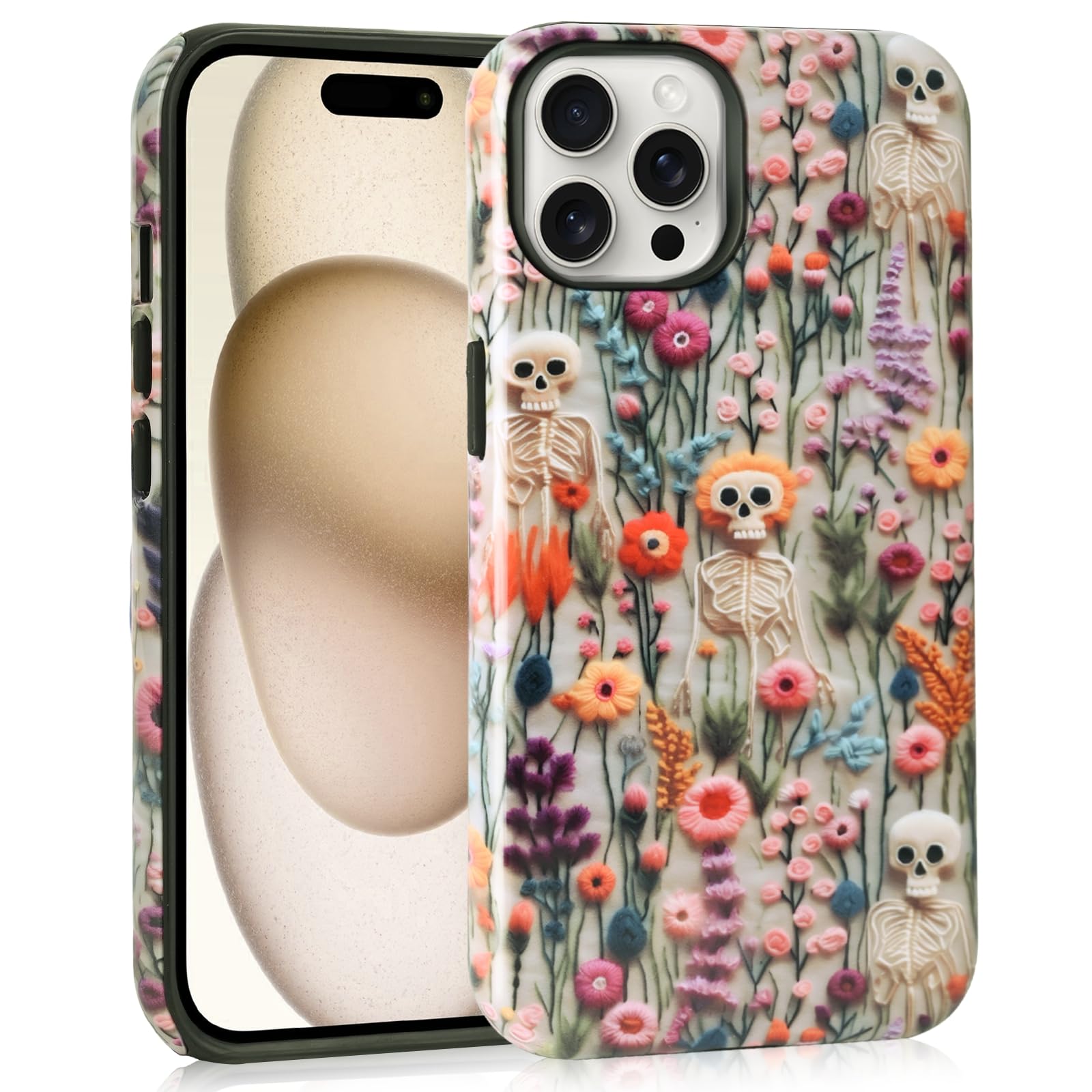 Mainrenka Halloween Cases for iPhone 13 Pro, Cute Kawaii Skeleton Floral Phone Cover Protective Shockproof Phone Case Skull