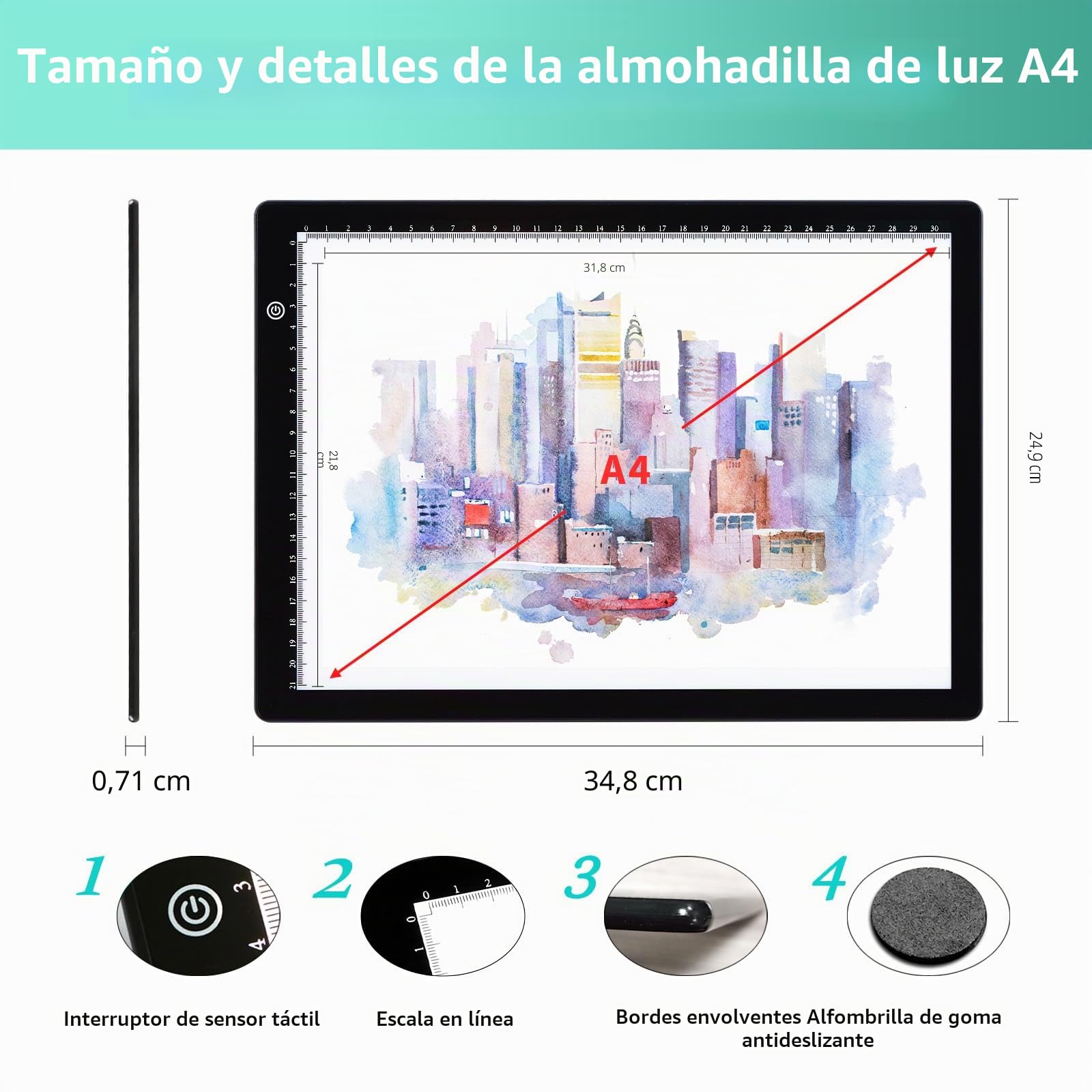 Mesa de luz A4 para dibujo, Mesa de luz de trazado de brillo ajustable de 3 niveles, cable de alimentación USB tipo C Tablero de luz de pintura de diamante LED para vinilo de desherbado