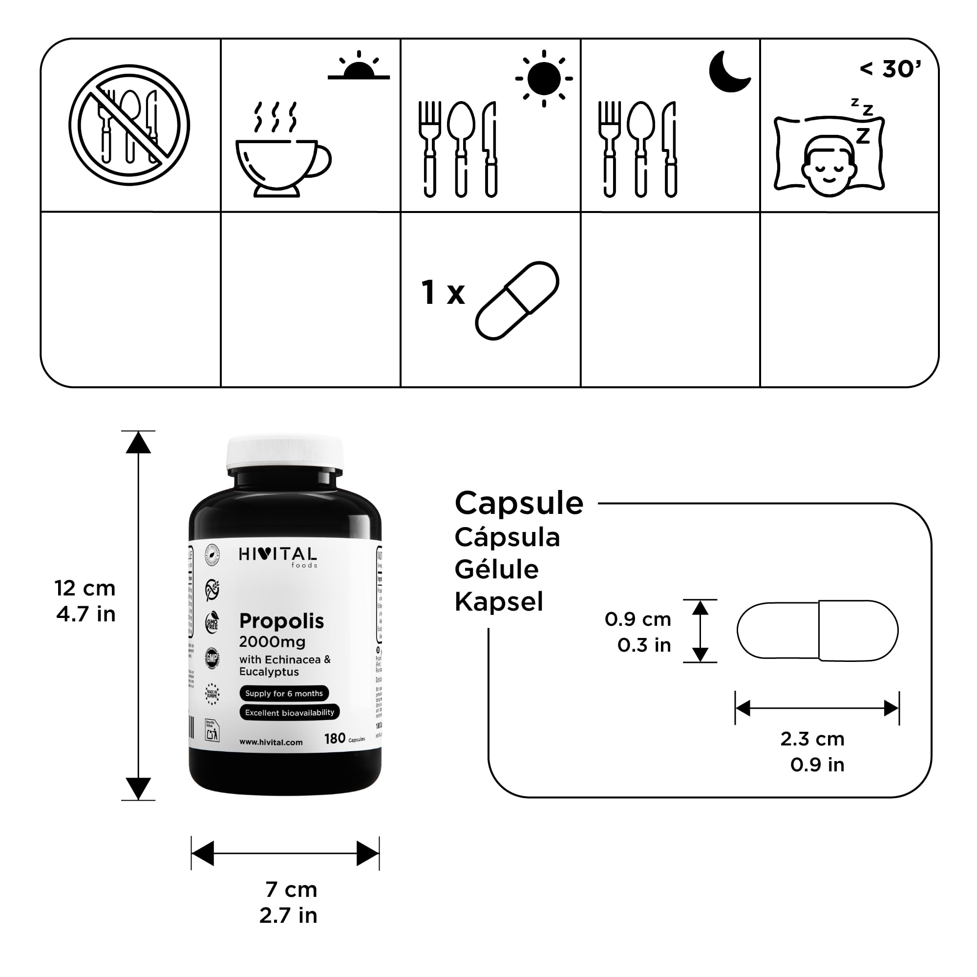 Propolis 2000 mg. 180 capsules pour 6 mois de traitement. Extraits de Propolis avec 10% de Galangine, d'Echinacée avec 4% de Polyphénols et d'Eucalyptus. Fabriqué en Europe par HIVITAL