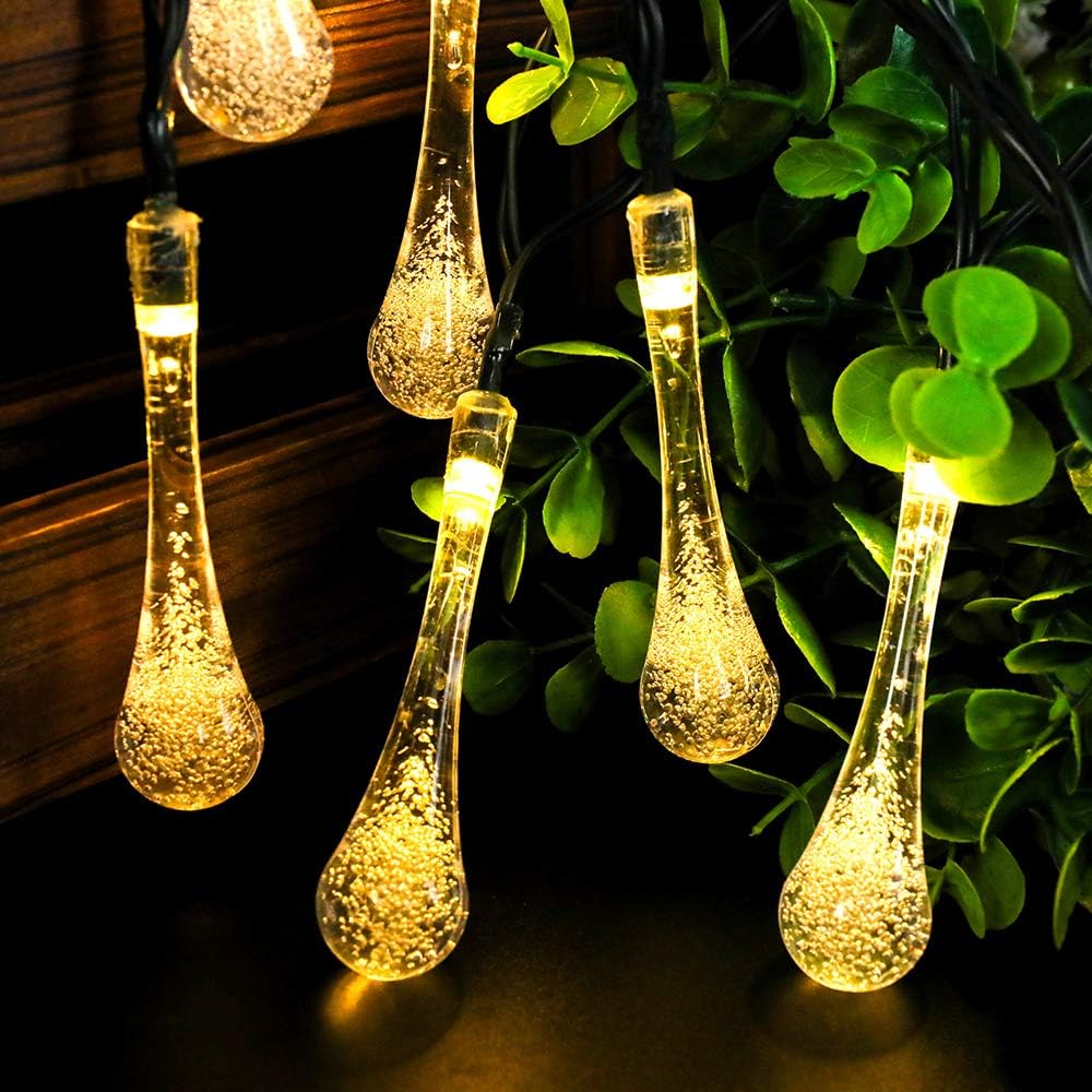 SKYFIRE Updated Version Solar Waterdrop String Light - Two-Way Charging ( Solar & USB Charge ) Waterproof Fairy Lights - 20ft 30LED Warm White String Lights for Home, Garden Decorations
