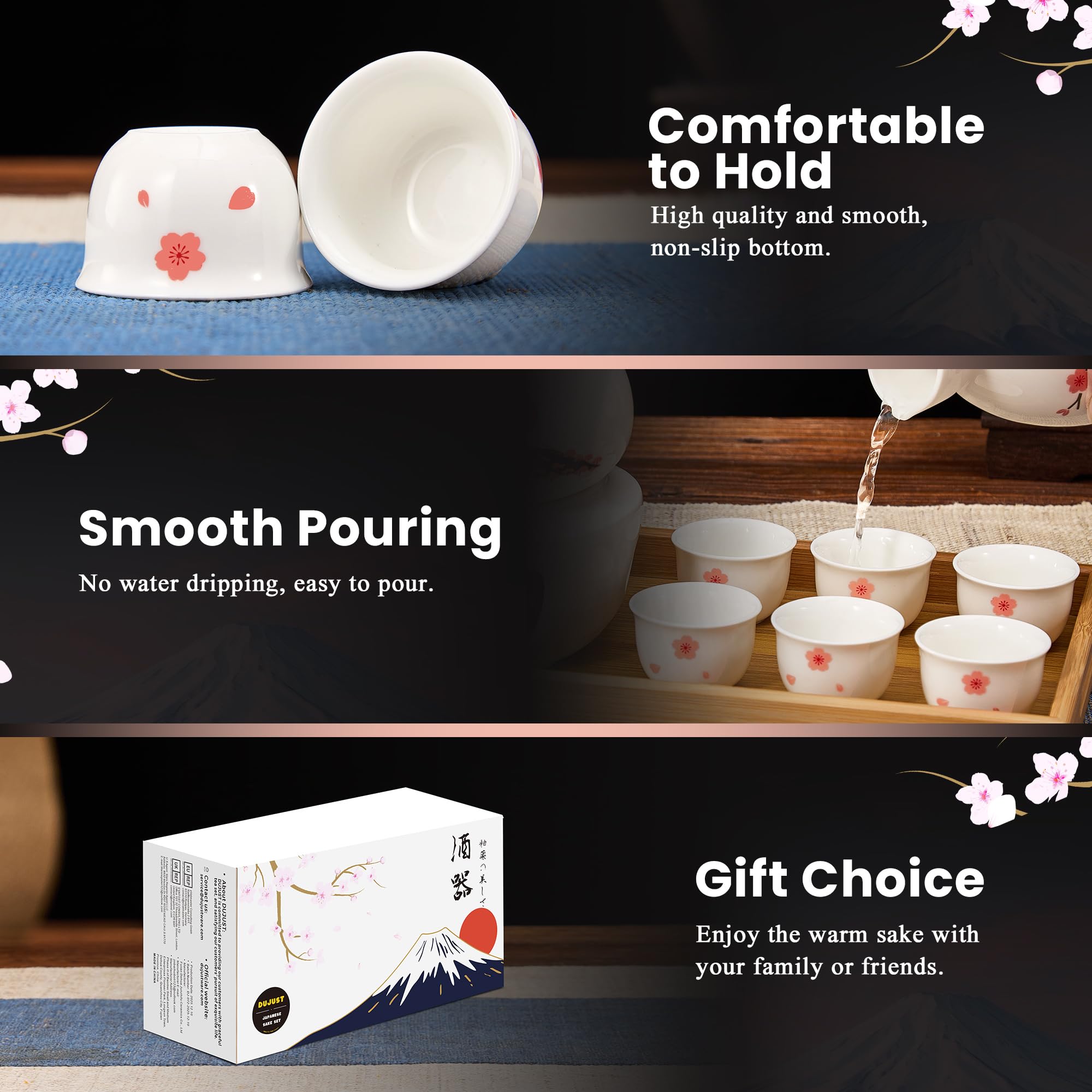 DUJUST Service à saké japonais 10 pcs avec chauffeur pour 6 personnes, design Sakura&Fuji en porcelaine, 6 tasses,1 carafe,1 chauffeur,1 brûleur à bougie,1 plateau,1 boîte, carafe à saké chaud - Blanc