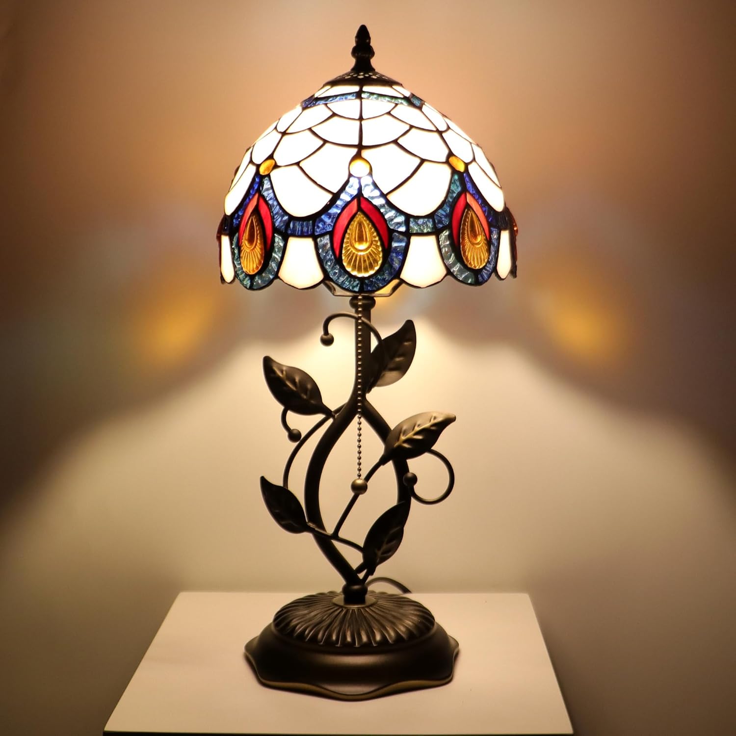 Small Tiffany Lamp Light Pink Peacock Tail Style Stained Glass Table Lamps Desk Bedside Reading Light 8X8X18 Inches with Bronze Metal Leaf Resin Base