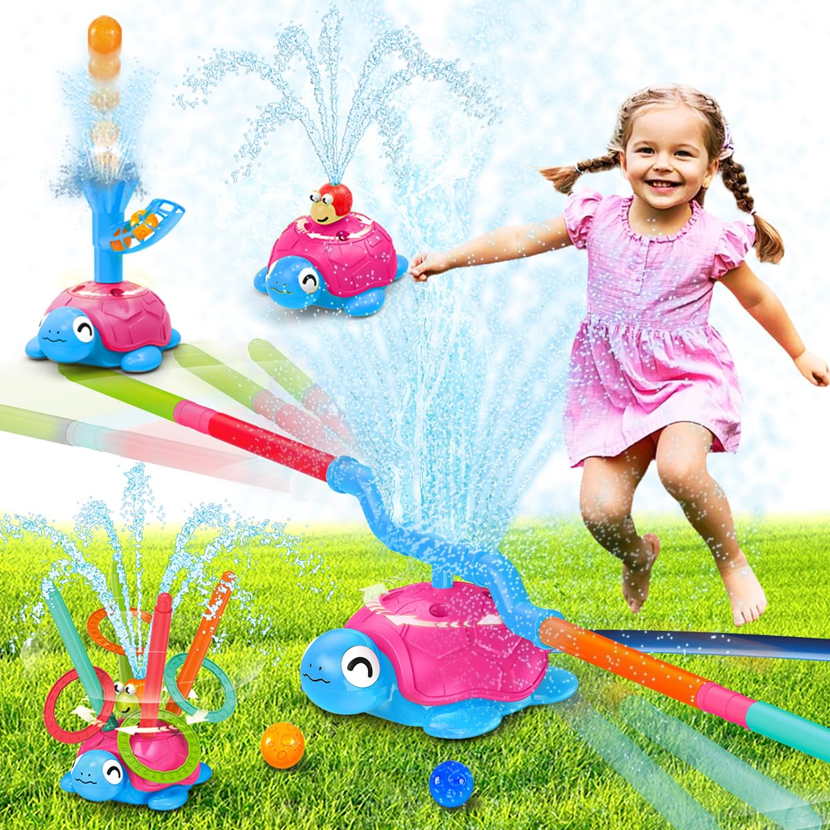 VATOS 4 in 1 Turtle Water Sprinkler for Kids, Outdoor Toys with Snail Splash,Ring Toss,Catch Ball Game & Hurdle Play,360°Roating Spray Summer Fun Backyard Garden Lawn for Toddlers Kids Girls 3-8