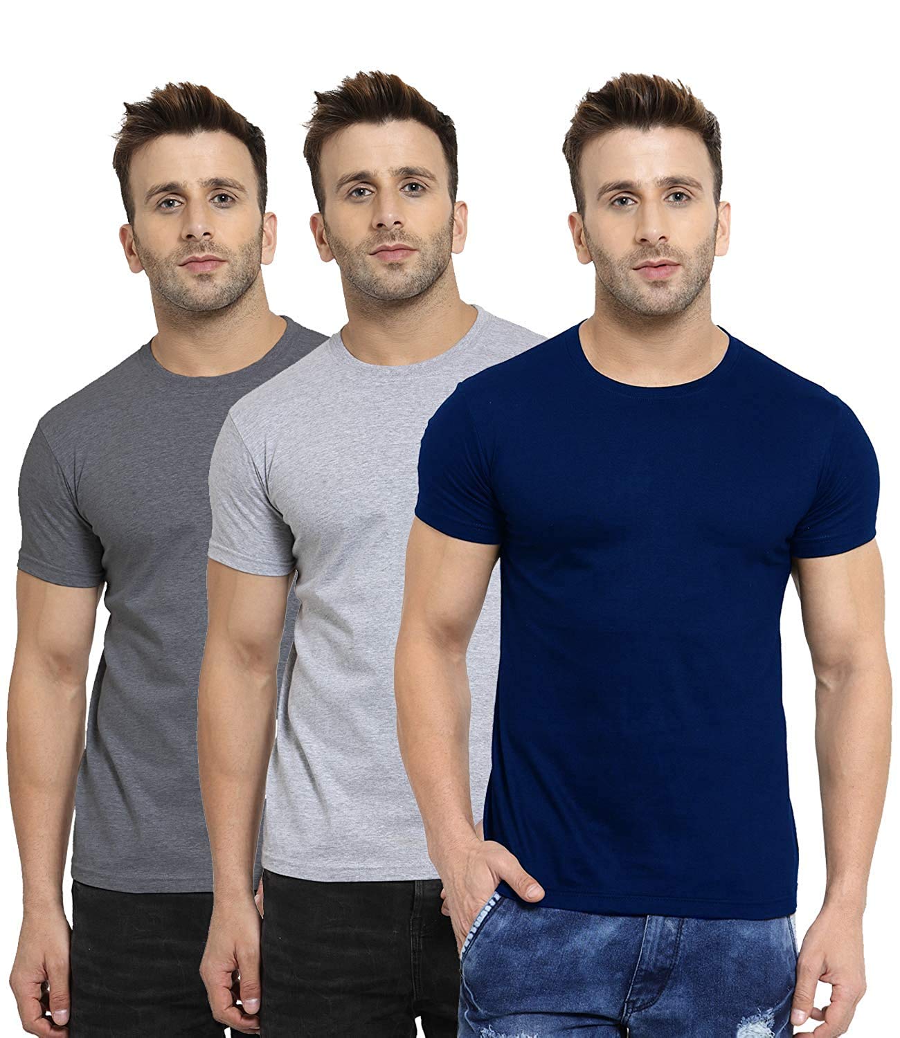 B&W Men's Basic Premium Cotton - Round Neck - Half Sleeve Solid Summer T-Shirts - Pack of 3