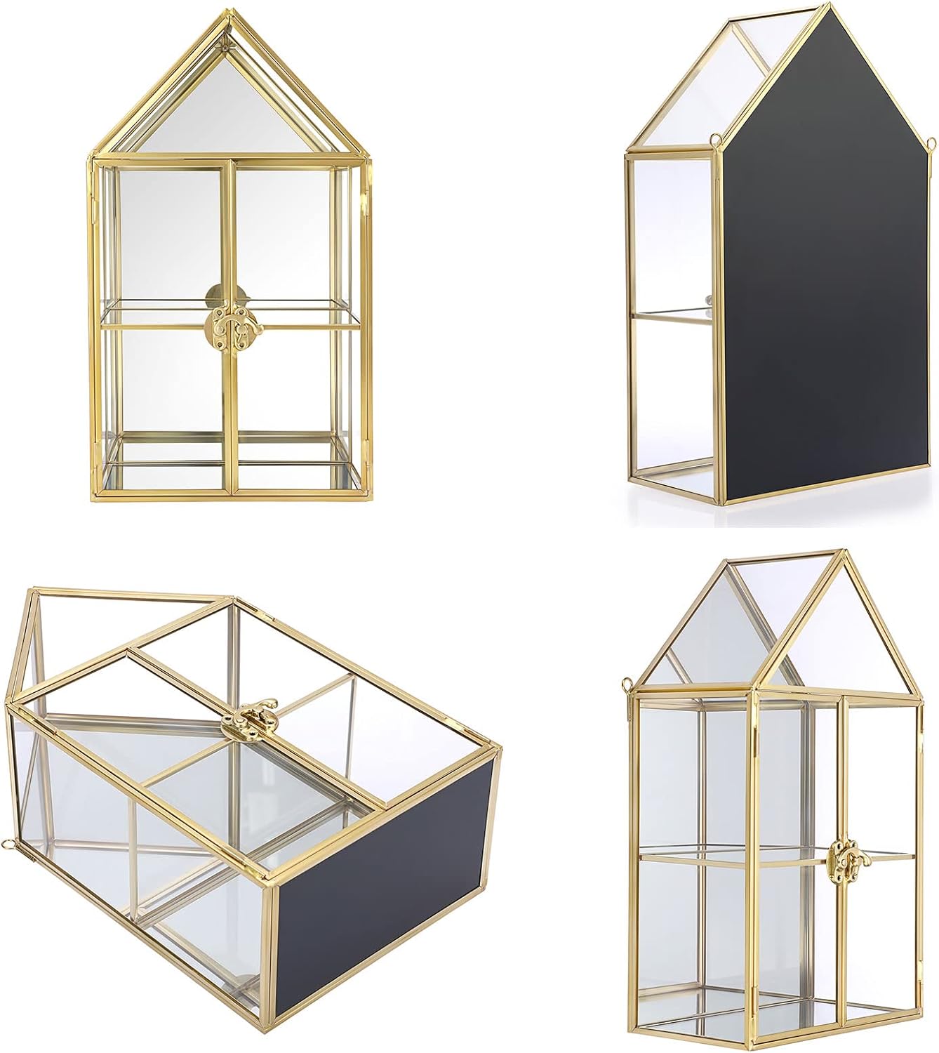 ELLDOO 2 Tier Clear Glass Storage Box, Gold Mirrored Jewelry Makeup Display Organizer Case, Decorative Tower box Storage for Trinket Perfume Lipstick Figure Statue Toy Display, House Shape