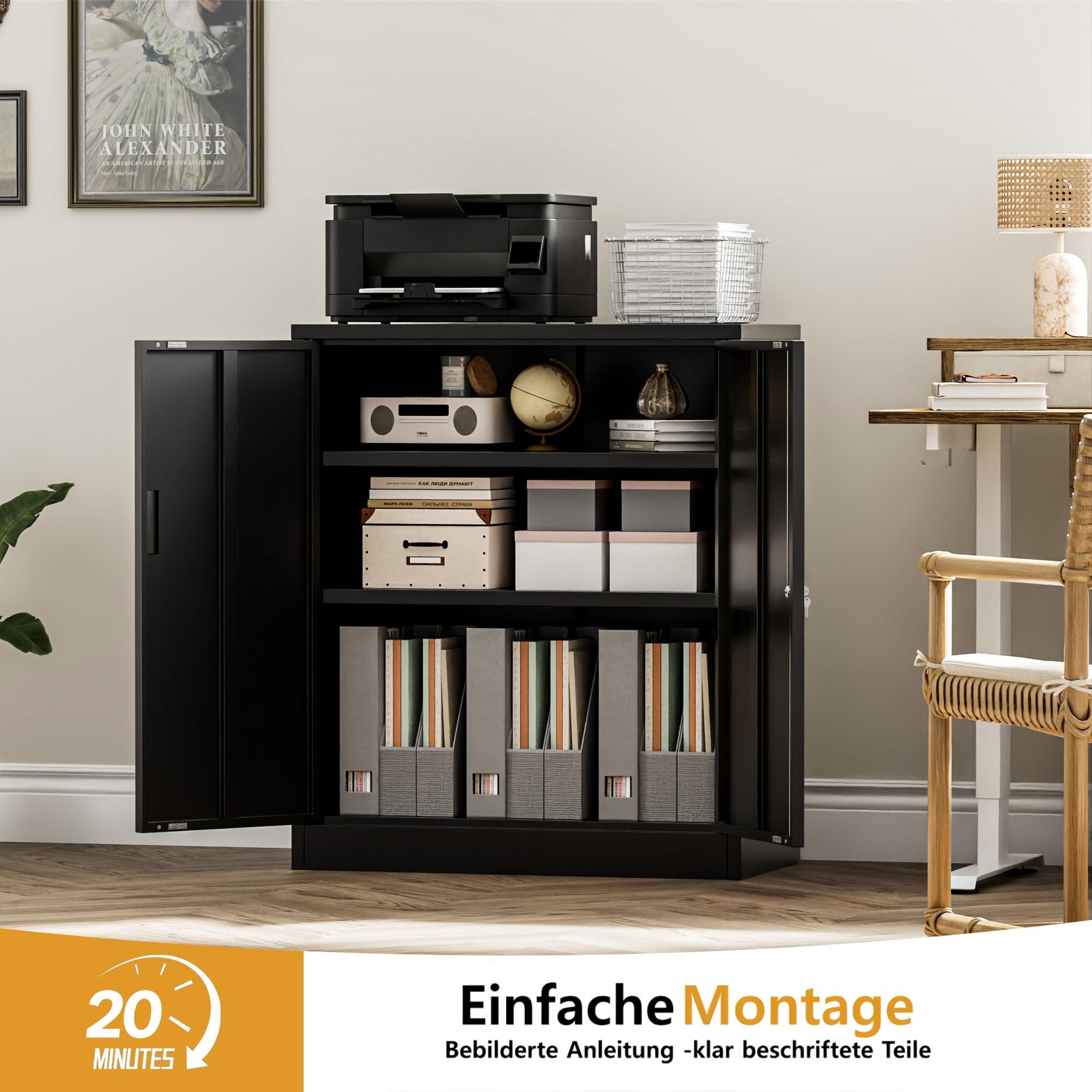 Aktenschrank, Mehrzweckschrank, Büroschrank mit 2 Türen, Schrank abschließbar, Aufbewahrungsschrank Stahl, Schrank abschließbar, 2 höhenverstellbare Einlegeböden für Büro, Garage(Schwarz,90*80*40)