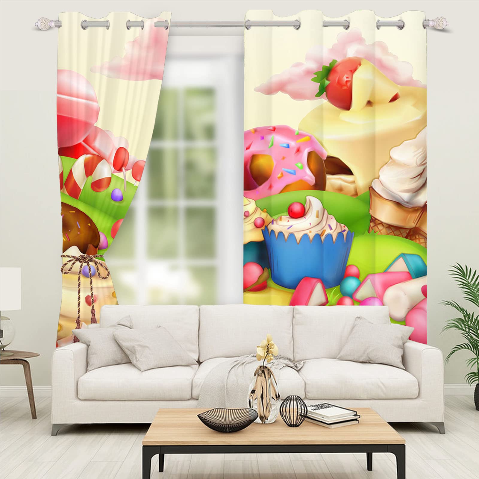 Yeele Cartoon Dessert Window Curtain Girl Room Curtain Sweet Cake Blackout Curtain Pink Candy Cloud Cute Curtain for Bedroom Kids Darkening Curtain,52x96IN(2Panels)