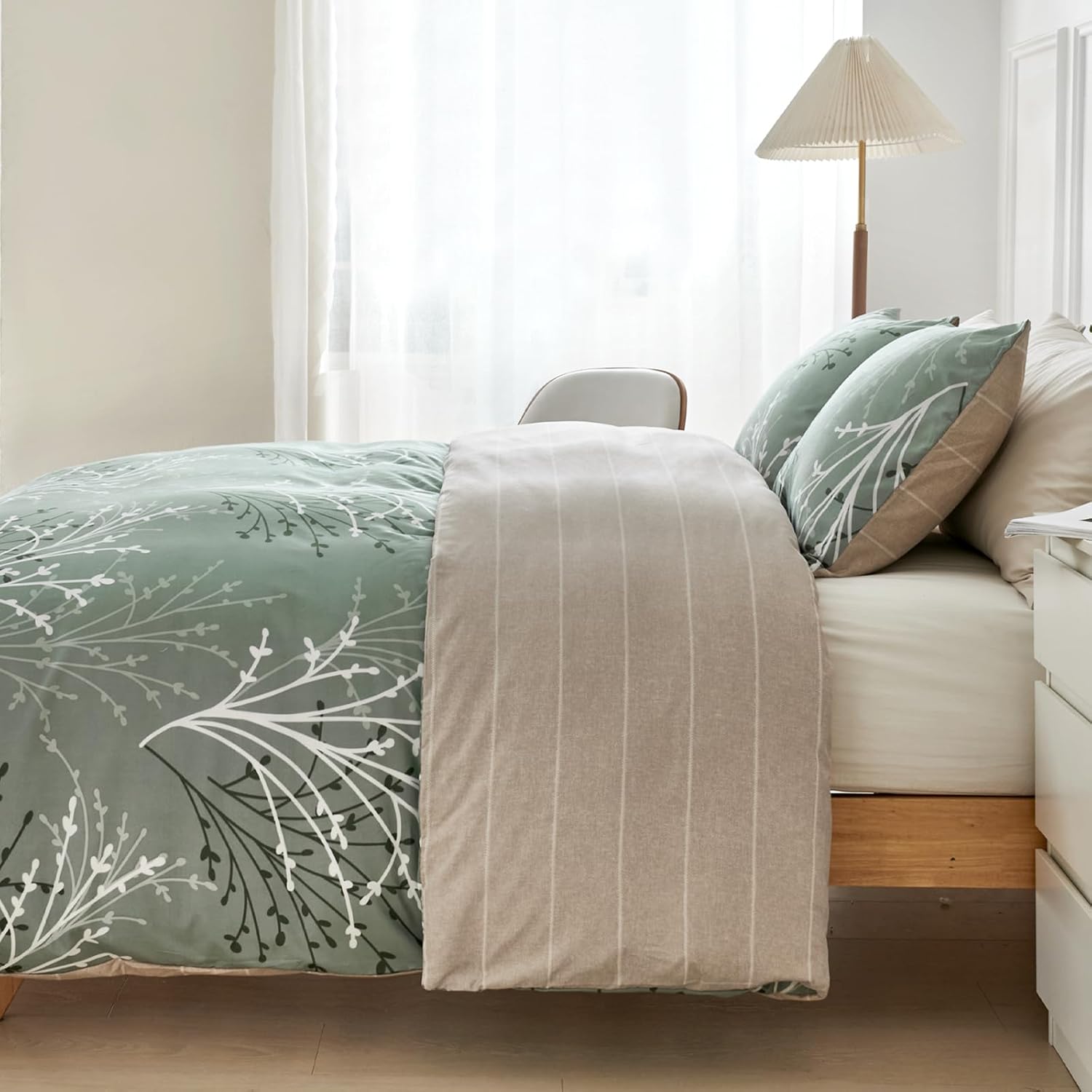 Lekesky Green Duvet Cover King Size, Reversible Floral King Comforter Cover with Branch Pattern, Soft 100% Washed Microfiber 3 Pieces Green Bedding Set with Zipper and 2 Pillowcases 20"x36" - Image 3