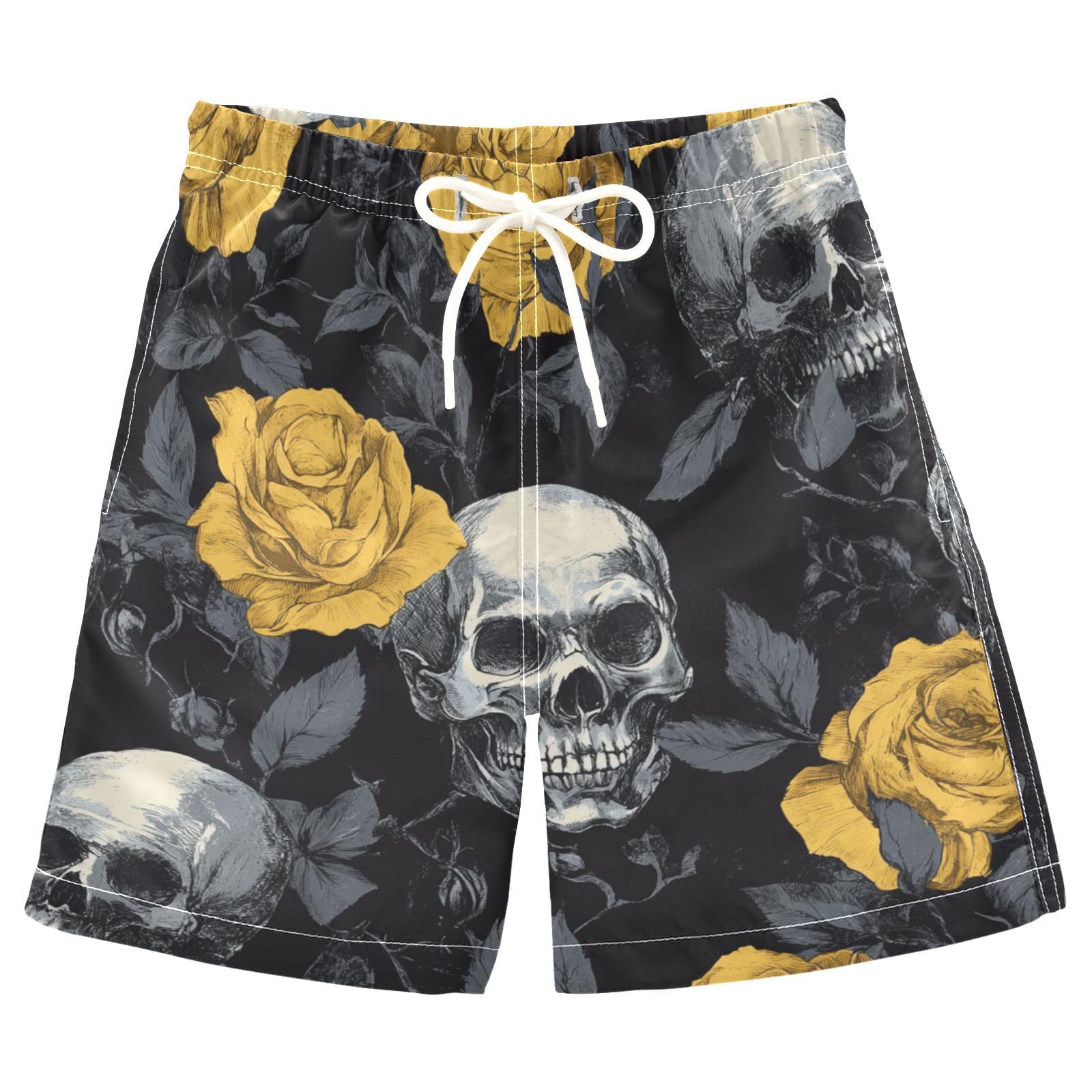 Jucciaco Boys Beach Board Shorts Skull Yellow Rose Flower Swim Trunk Teen Swimwear