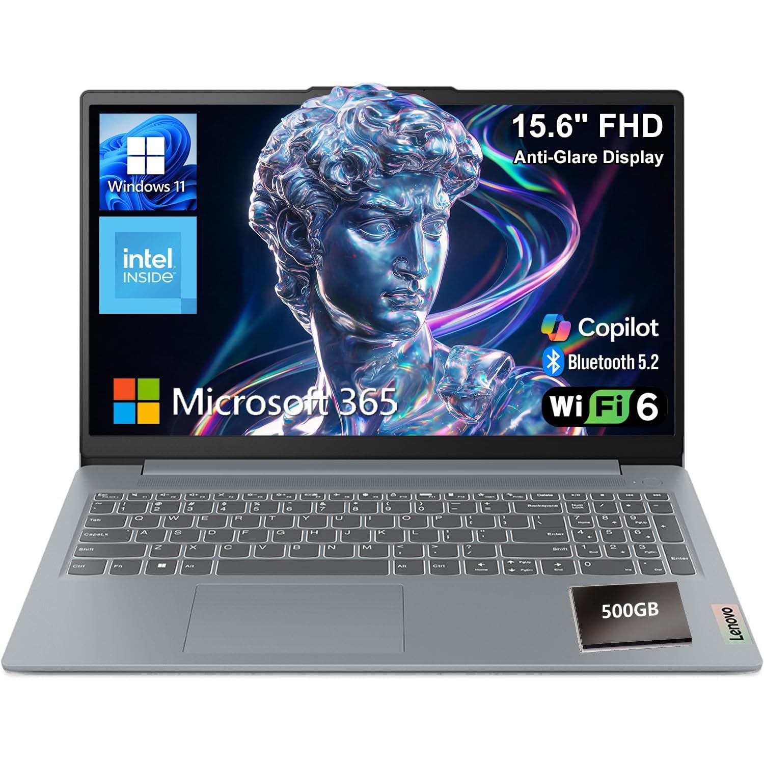 Lenovo Essential 15.6" FHD Everyday Laptop, Intel Processor, 128GB Storage | With 500GB External HDD, Long Battery Life, Anti-Glare Display, Office 365, Copilot AI, WiFi 6, Bluetooth 5.2, USB-C, Win 11