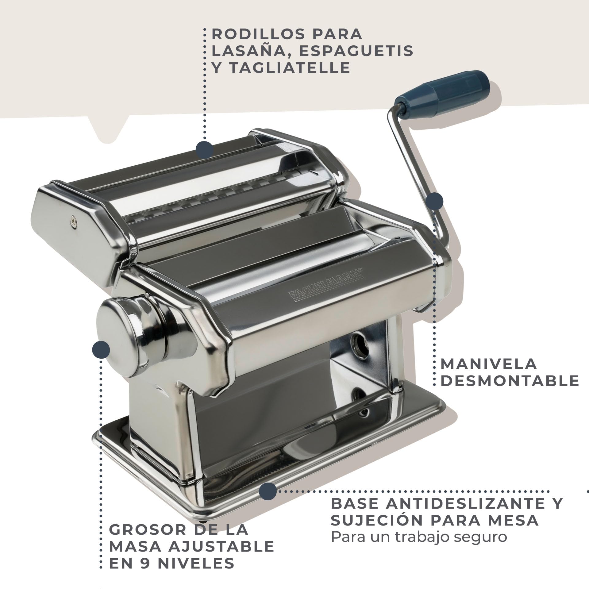 FACKELMANN Máquina para Pasta Fresca Manual - Procesador Manual de alimentos para hacer espaguetis, ravioli, lasaña, en acero inoxidable con mango de plástico, 21x19,8x15,8cm, 1ud.