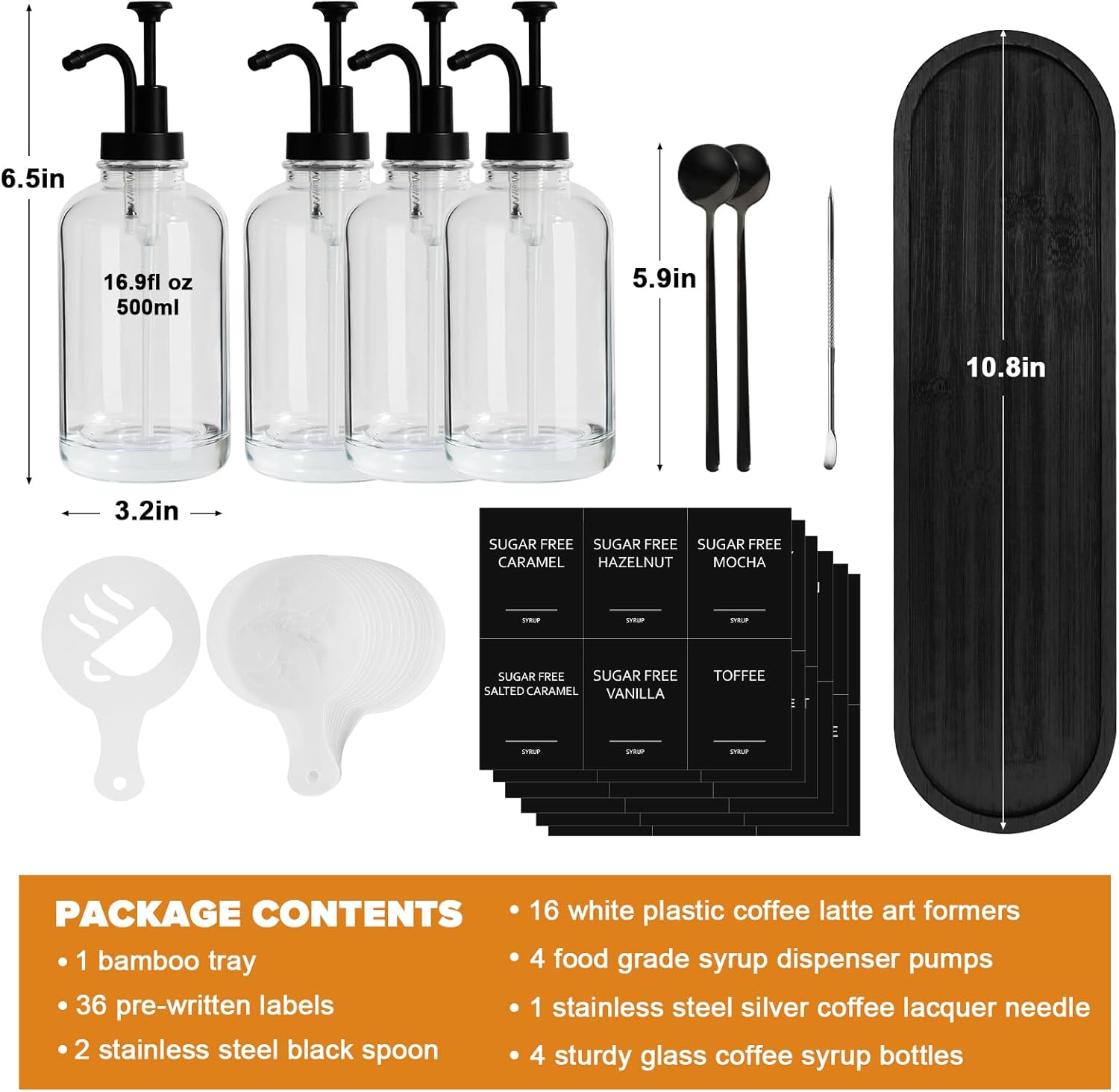 Coffee Bar Accessories, Glass Syrup Dispenser with Pump, 16.9 fl oz/500ml Syrup Bottles for Coffee Bar Organizer, Labels, Spoons,4 Pack