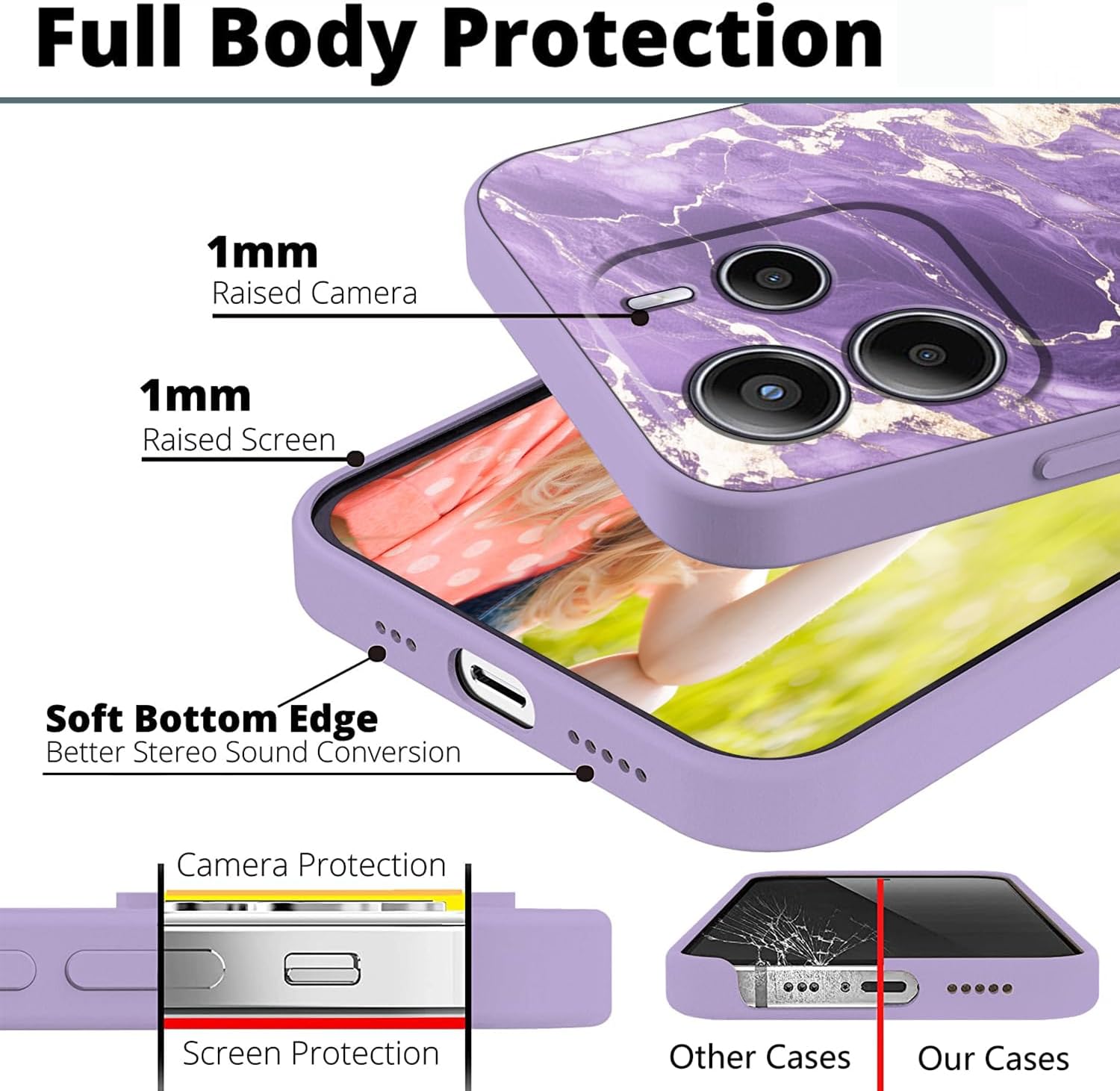 for Xiaomi Redmi Note 14 4G Case Silicone Slim Marble Design Shockproof Protection Phone Case for Redmi Note 14 4G with Strap Bumper Cover (Purple) - Image 4