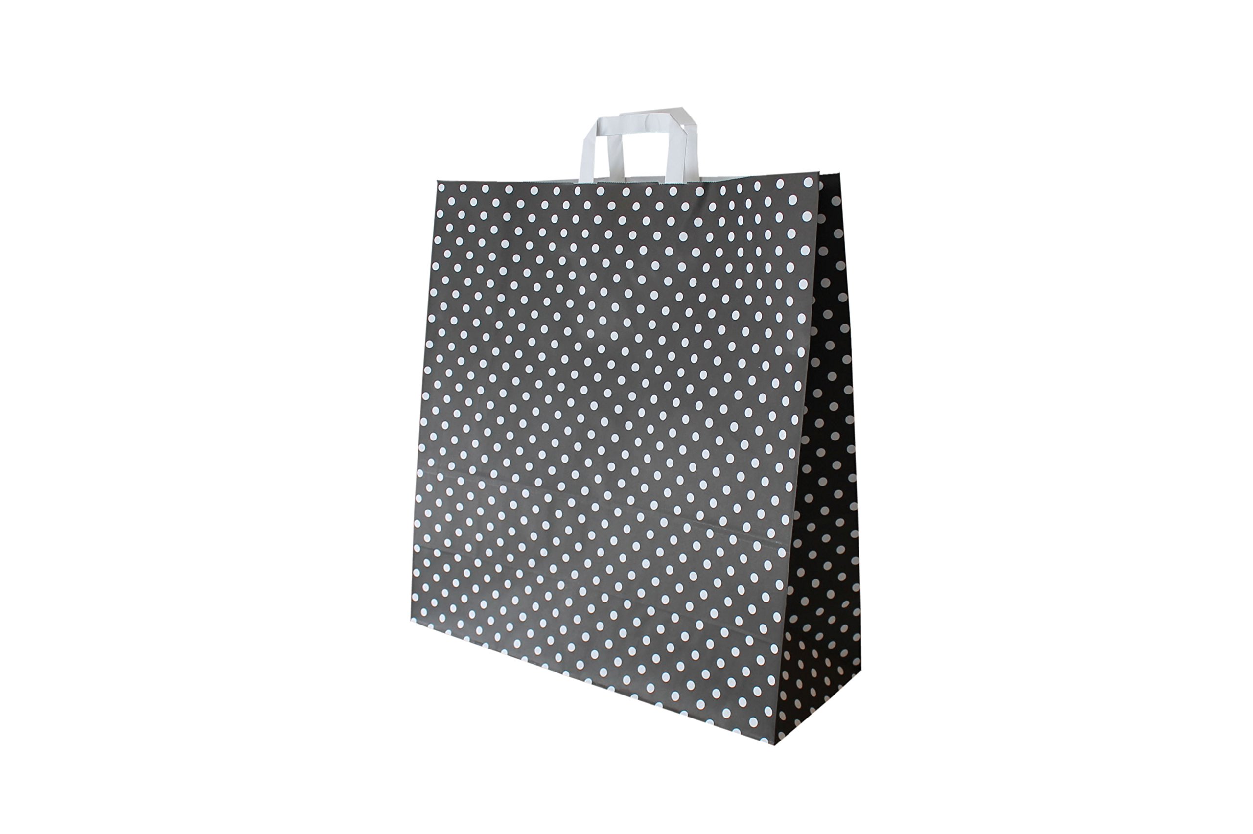 Papierowe torby z płaskimi uchwytami w kropki czarne – różne rozmiary i ilości (45 + 17 x 47 cm, 50 sztuk)