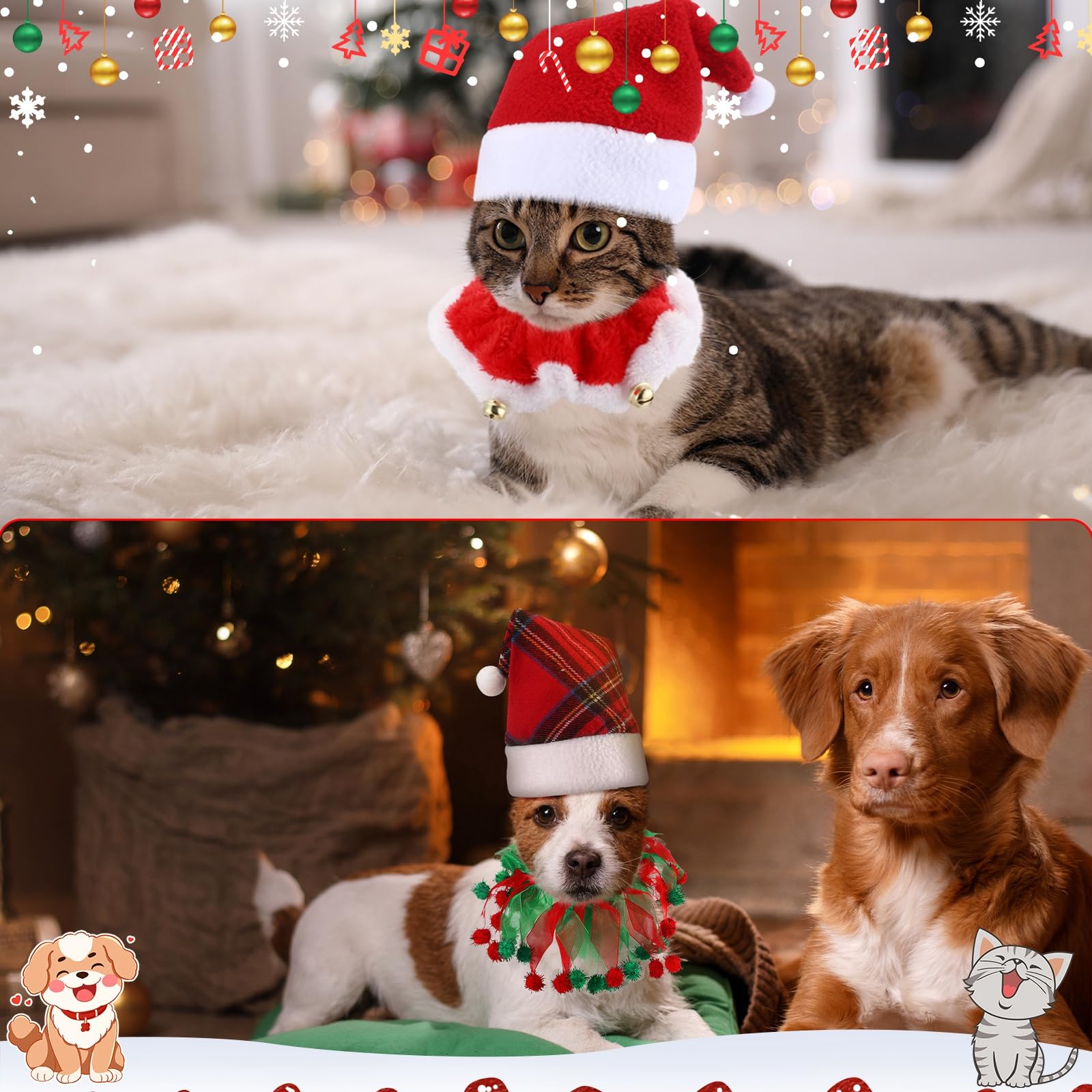 16 piezas de disfraz de Navidad para gatos, sombreros de Papá Noel y collar con cascabeles para mascotas, perros pequeños y gatos, collar tutú y sombrero verde brillante, traje de Navidad