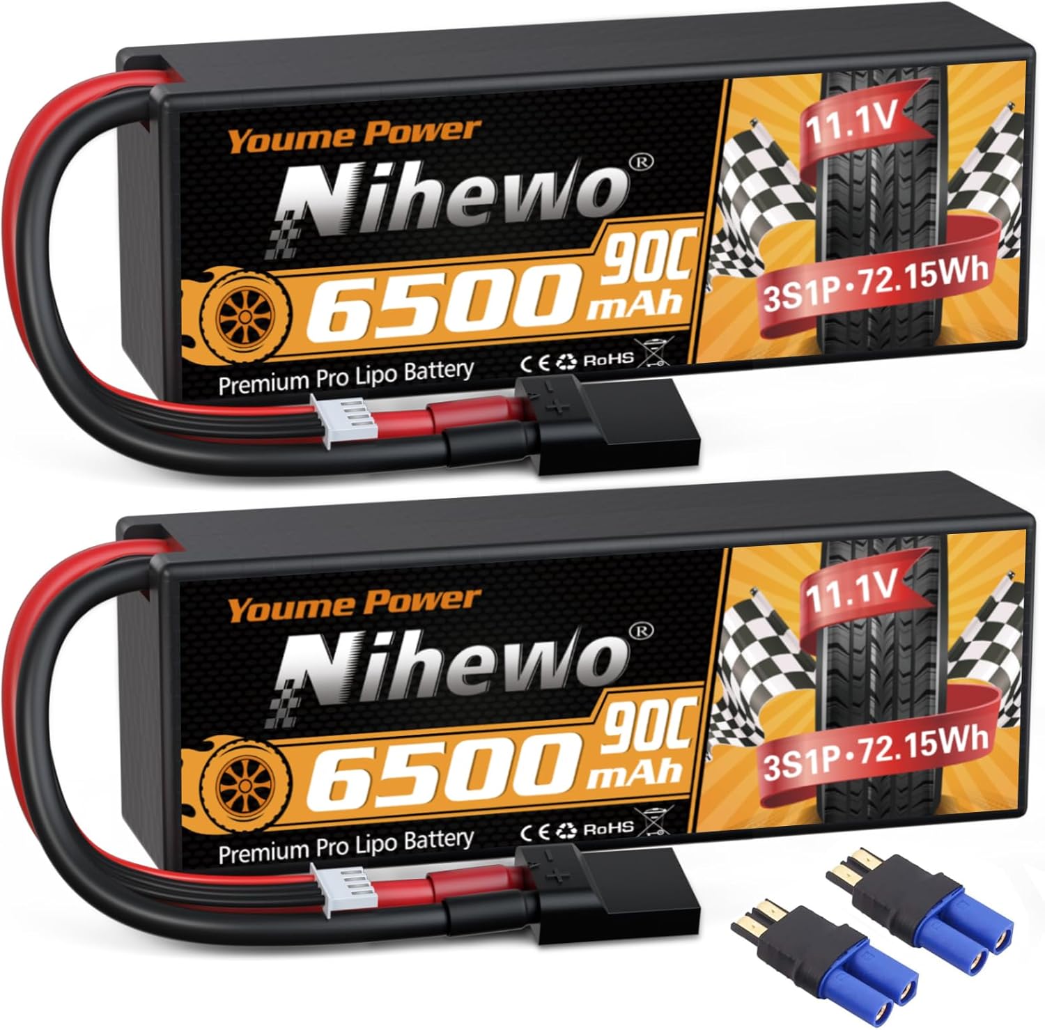 3S Lipo Battery 11.1V 6500mAh RC Battery 90C Hard Case with Tr Plug + EC5 Adapter Compatible with 1/8 1/10 RC Truck Car Vehicles Truggy Buggy Tank Boat Helicopter Airplane RC Model(2Packs)