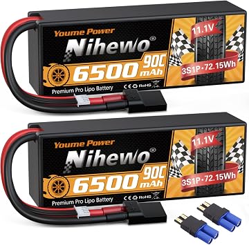 3S Lipo Battery 11.1V 6500mAh 90C Hard Case RC Battery with Tr Plug + EC5 Adapter for 1/8 1/10 RC Car Truck Vehicle Truggy Buggy Tank Boat Helicopter Airplane Models 2 Packs