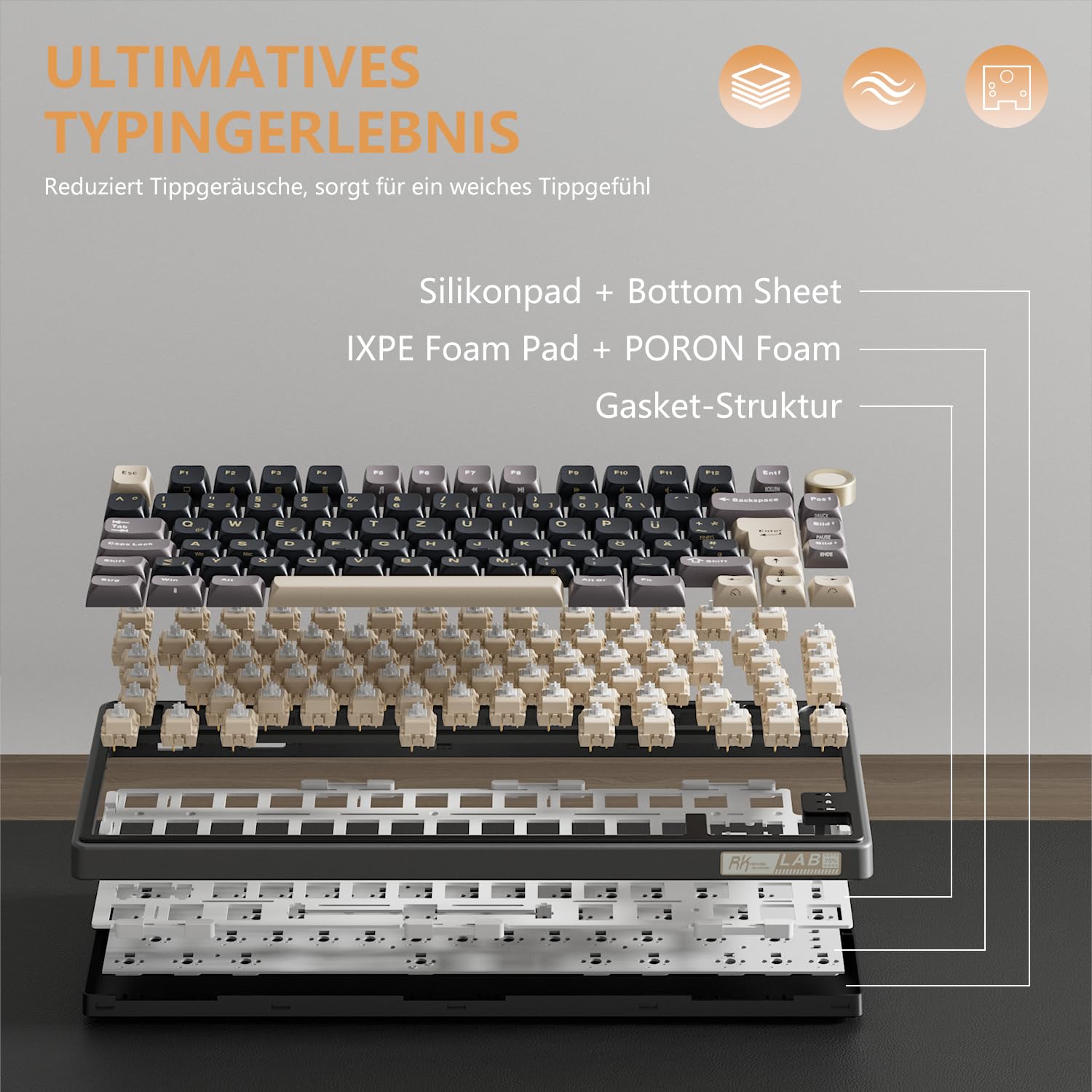 RK ROYAL KLUDGE R75 Mechanische Tastatur Kabel, Gaming Tastatur 75 Prozent QWERTZ RGB, Gasket Mechanical Keyboard mit CNC-Knopf, PBT MDA Tastenkappen, Hot Swap, Linear Creamy Switches, Schwarz