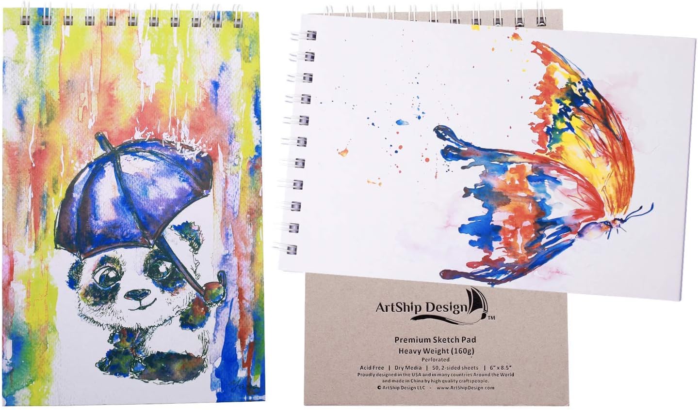 2 Pack Sketchbook Premium Hardcover Heavyweight (160g) Spiral Bound Gift Collectable (8.5x6 Panda and Butterfly)