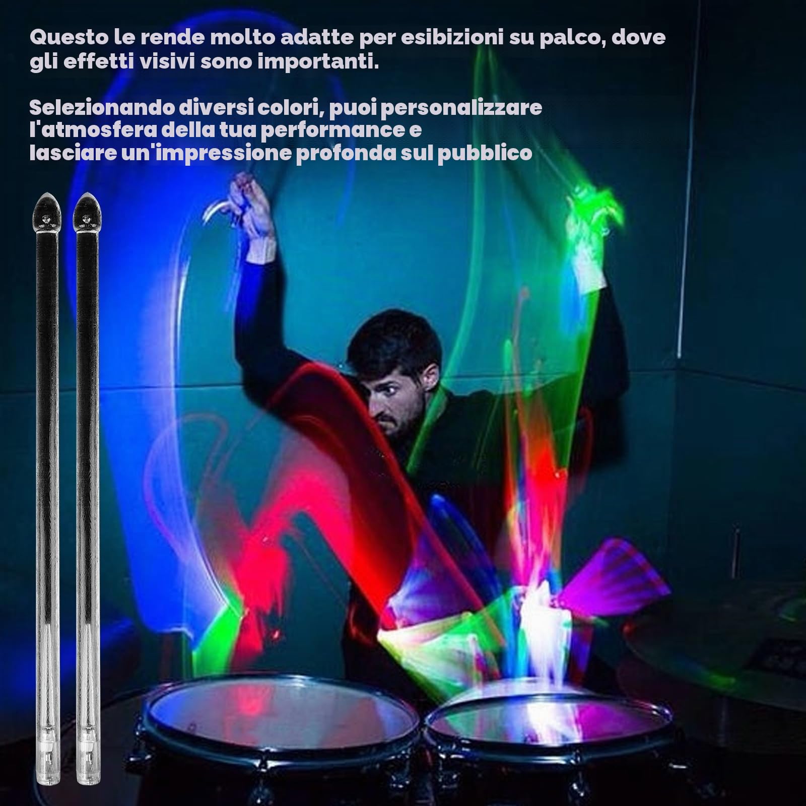 Bacchette per batteria 5A LED luminose ricaricabili, bacchette per batteria con luci fantastiche in materiale polimerico PC per set di batteria, perfette per percussioni e strumenti musicali, 15