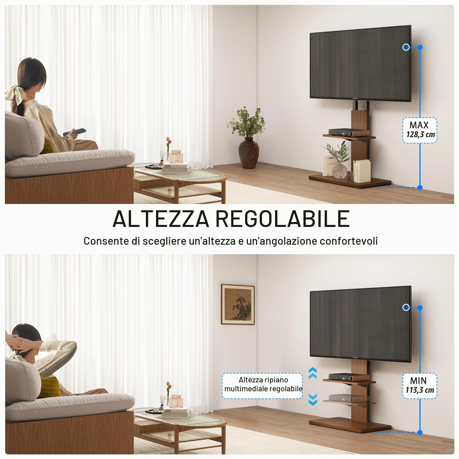 TVON Supporto TV da Pavimento con Ruote a Rotelle Nascoste per TV da 32-70 Pollici, Regolabile in Altezza, Carrello Porta TV con Ruote con Scaffale in Legno, Max Capienza 45 kg VESA 400x400mm