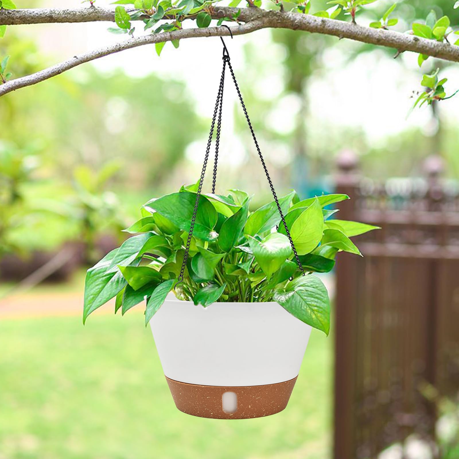 Set 2 Vasi da Fiori Sospesi 25cm, Vasi Auto-Irriganti con Fori di Drenaggio e Sottovaso Rimovibile, Catena 43cm per Balcone, Giardino, Terrazza e Interni