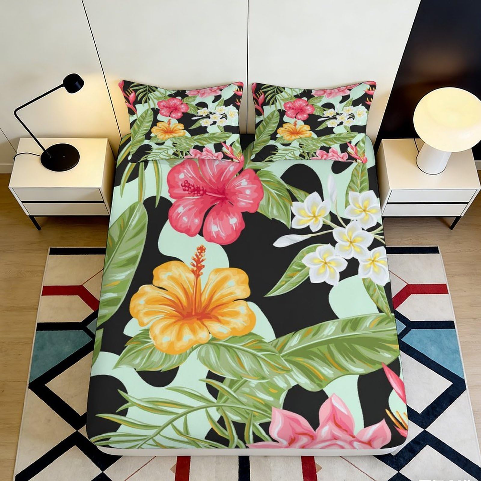 Uxinyoume Style-2 3D Printed Tropical Hibiscus Fitted Sheet Microfiber Soft Non-Slip Mattress Cover Vibrant Floral Bedroom Decor 90X200x25cm