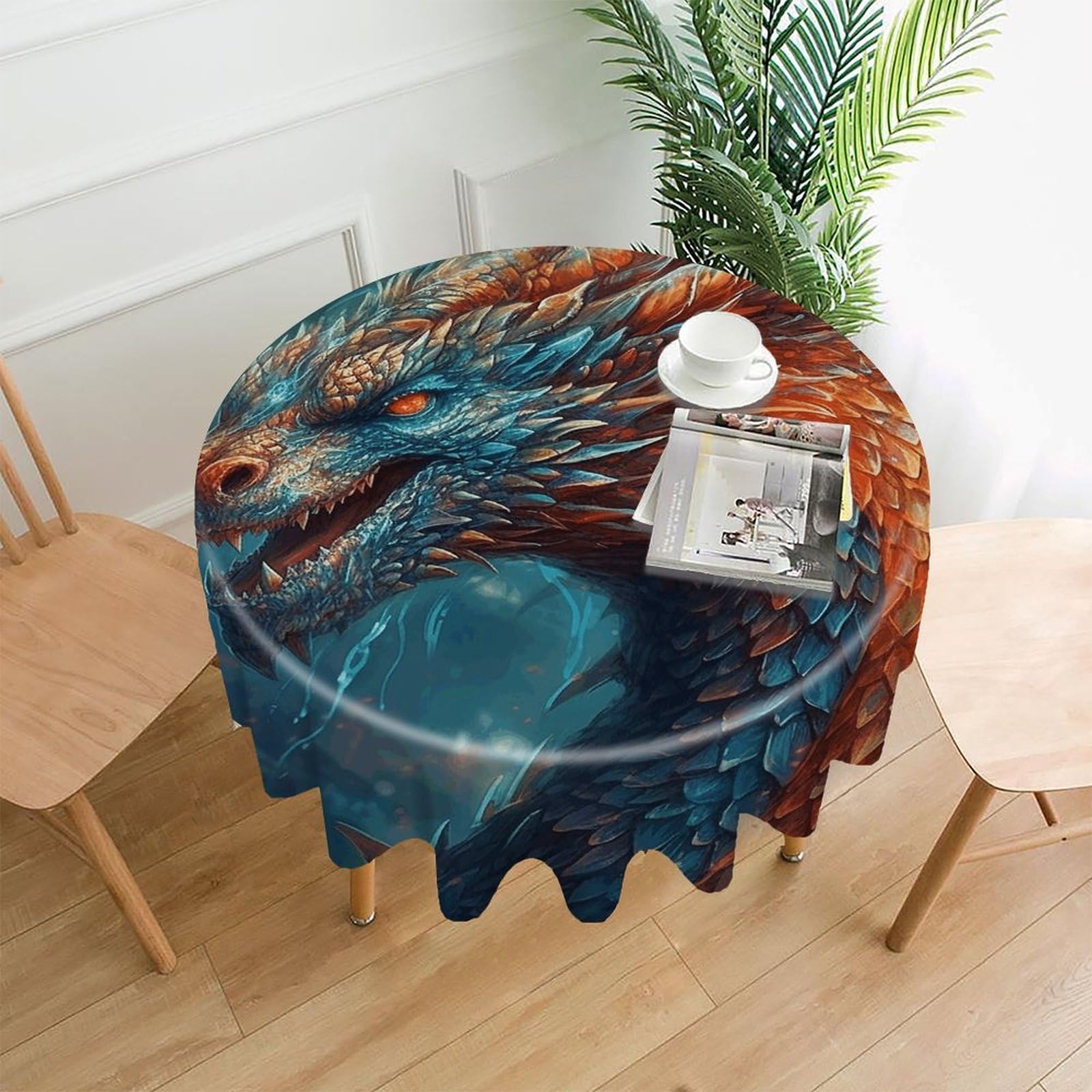 VstaDank Dragon Art Tablecloth Easy to Clean Polyester Round Table Cover Washable Round Table Cloth Wrinkle-Free Circle Decoration Tablecloth for Kitchen Dining Room 60"