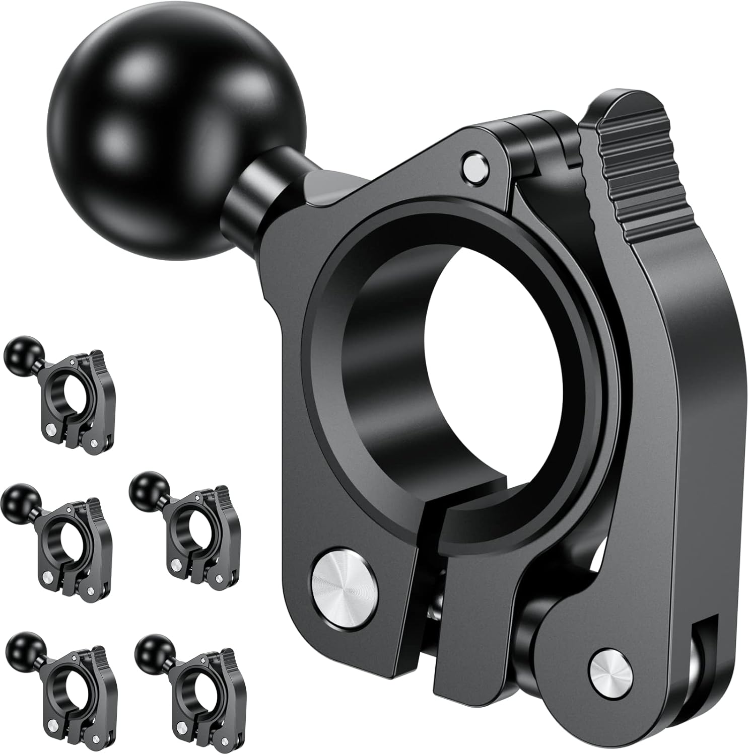BRCOVAN 5 Pack, Aluminum Alloy Handlebar Clamp Mount Base with 1'' TPU Ball for Rail Diameter 0.5'' 0.87'' 1'' 1.125'' 1.26'', Compatible with RAM Mounts B Size 1 Inch Ball Double Socket Arm