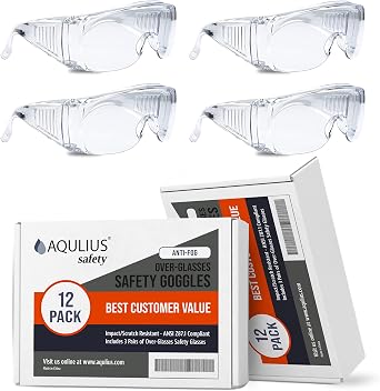 Aqulius Over Glasses Safety Glasses & Safety Goggles - 12-Pack, Clear Polycarbonate - Anti-Fog & Scratch-Resistant Bulk Eye Protection for Sanding & Shooting - ANSI Z87+ Rated Side Shields
