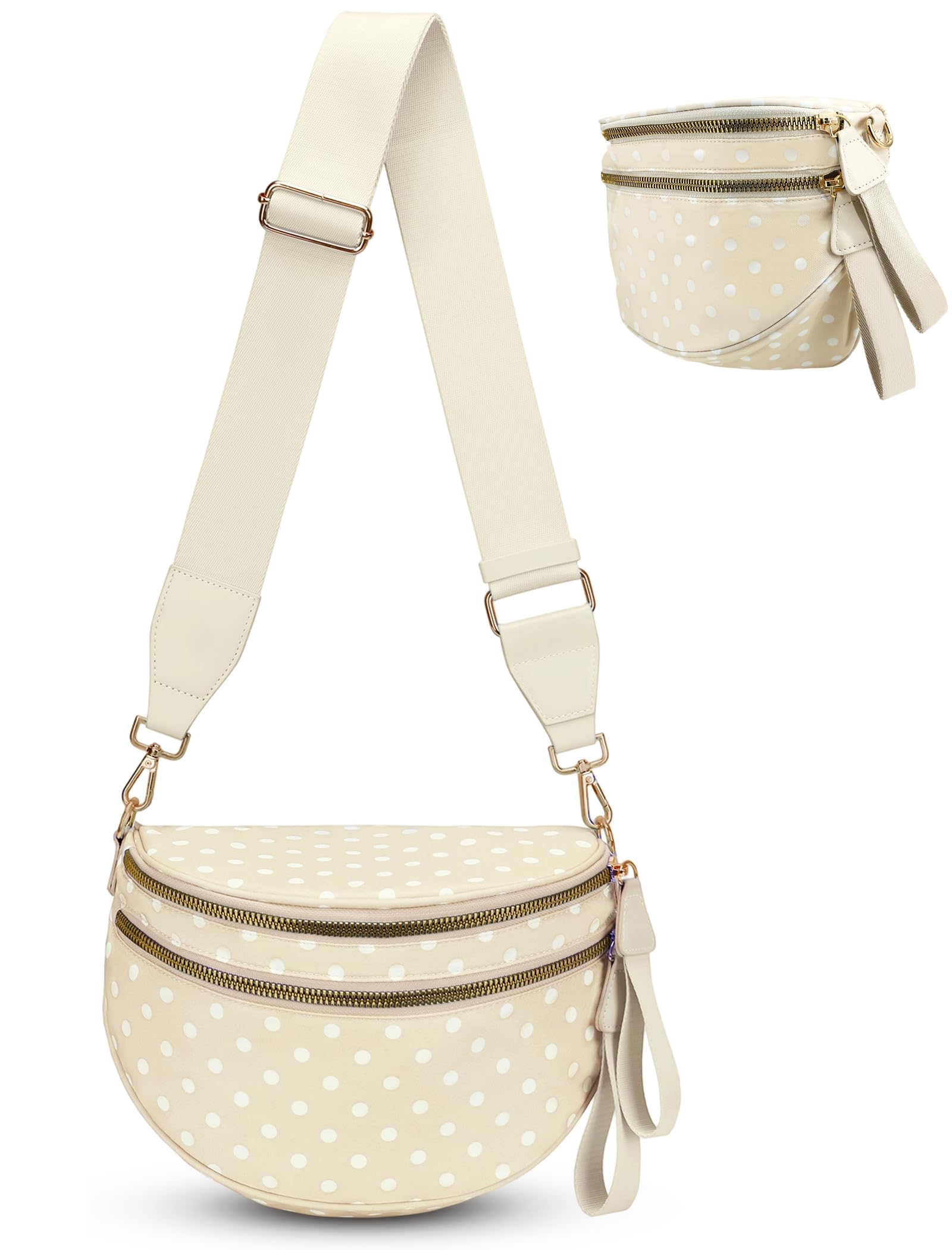 Spacious Crossbody Bag Bum Bag for Women, Dot Print Checkered Purse Nylon Fanny Pack Belt Bag(Beige)