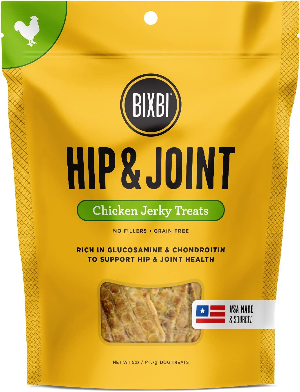 BIXBI Hip & Joint Support Chicken Jerky Dog Treats, 5 oz - USA Made Grain Free Dog Treats - Glucosamine, Chondroitin for Dogs - High in Protein, Antioxidant Rich, Whole Food Nutrition, No Fillers