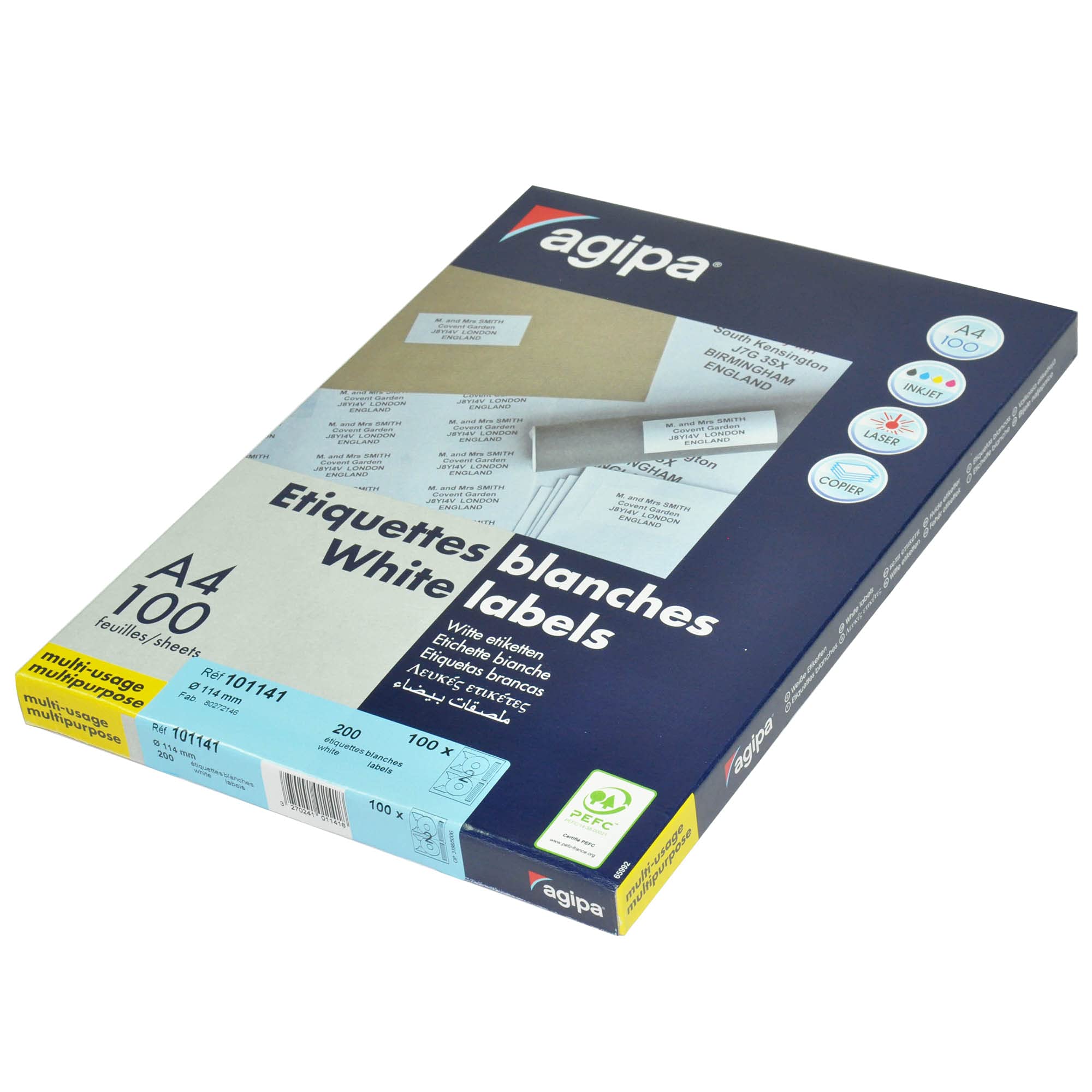 AGIPA Multi-Purpose White Labels, A4 Sheets (210x297mm), 114mm Diameter Round Stickers, 100 Sheets with 2 Labels Each, 200 Plain White Labels, Compatible with Inkjet, Laser, Copier-APLA101141