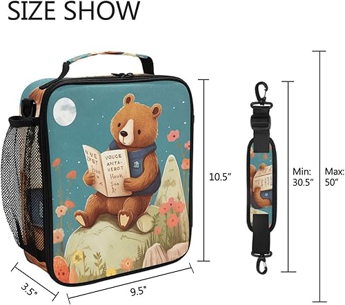 Miniatura 5 de Bolsa de almuerzo con diseño de oso de bosque en tocón con flores para niñas y niños, con aislamiento térmico pequeño, lonchera para niños pequeños,