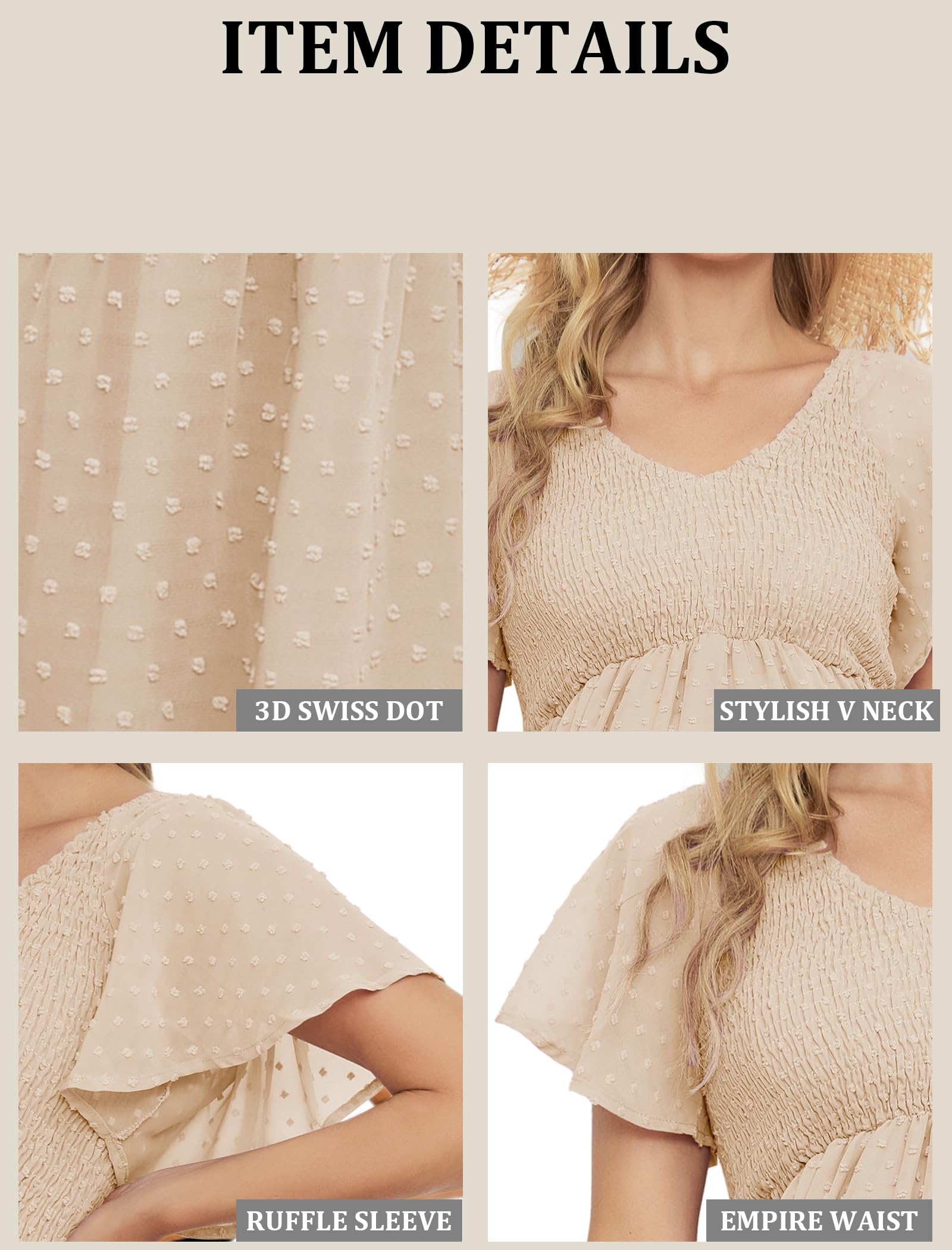 Gepunktetes Smockkleid für schwangere Frauen, geeignet für Babyparty, Fotoshooting, Freizeit, mit V-Ausschnitt, Rüschenärmeln, Empire-Taille und Stufenrock im Boho-Stil