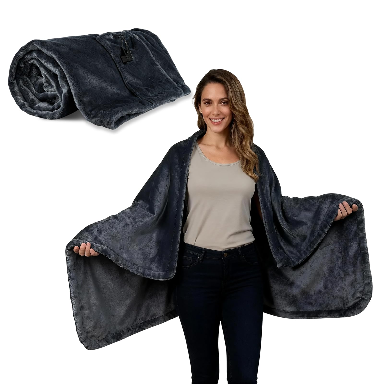 Heated Throw Electric Blanket with USB Port, Wearable Flannel Shawl Blanket with 3 Temp Se...