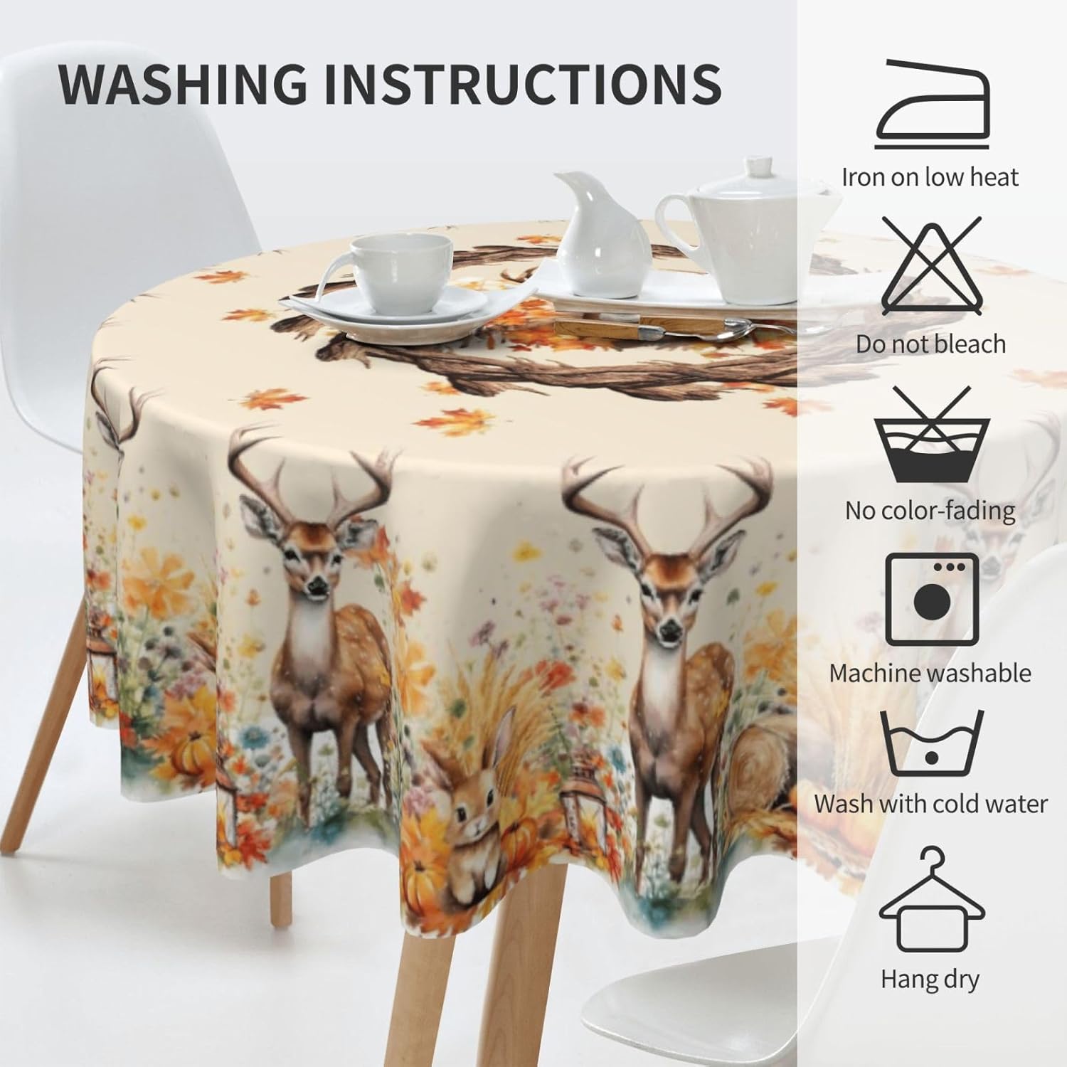 Fall Round Tablecloth 70 Inch Autumn Deer Maple Leaf Table Cloth Round Orange Autumn Thanksgiving Harvest Themed Decorative Tablecloths Fall Circle Table Cover for Home Kitchen Dining Room Living Room