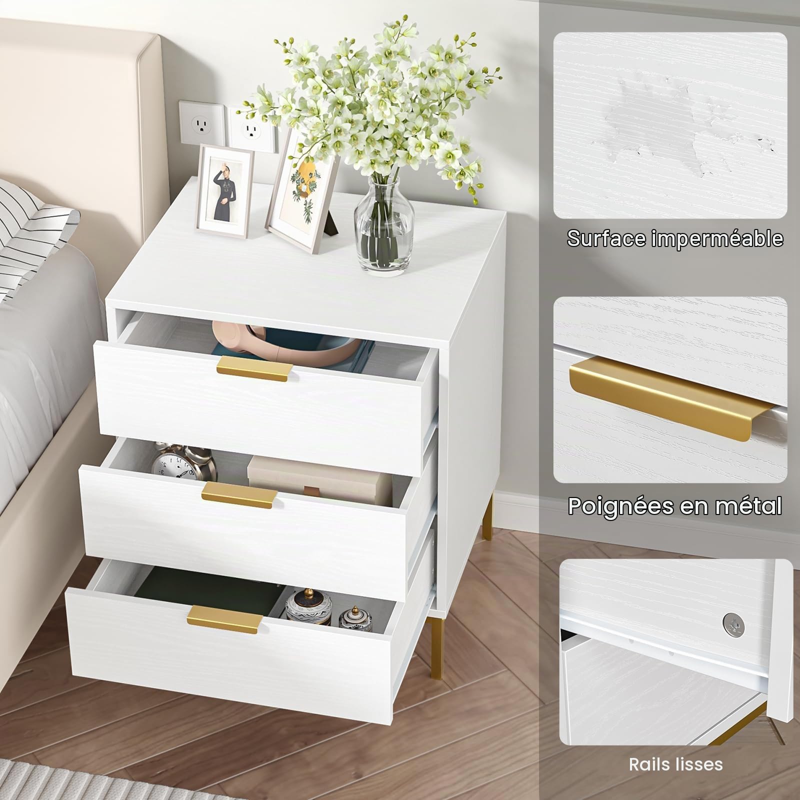 Table de Chevet en Bois avec 3 tiroirs décorés à la Main en rotin (Blanc)