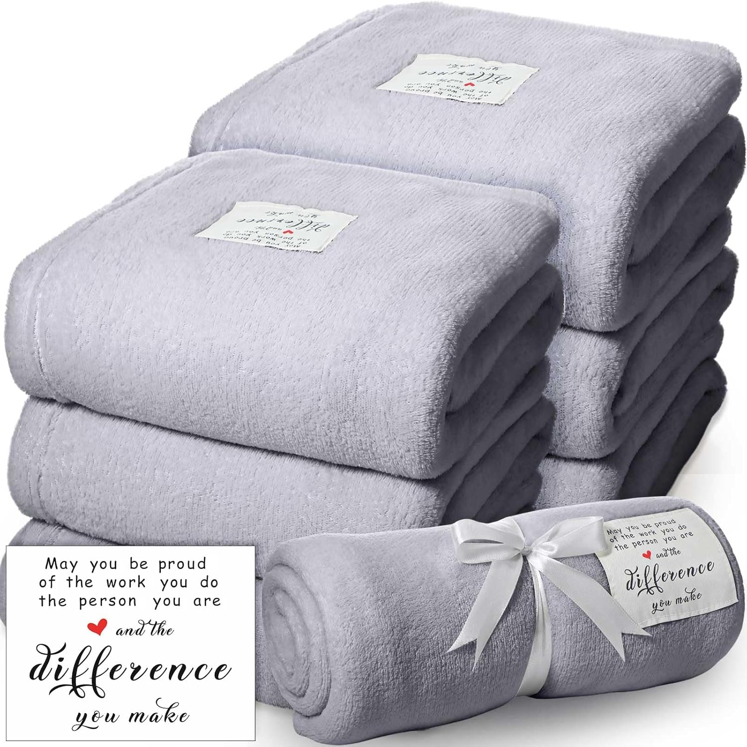 Moukeren 6 Pack Employee Appreciation Gifts Thank You Blankets Bulk, 50 x 60 Inch Fuzzy Cozy Blankets with Inspirational Quote, Soft Flannel Throws for Teachers Nurses(6 Pack,Light Gray,Difference)