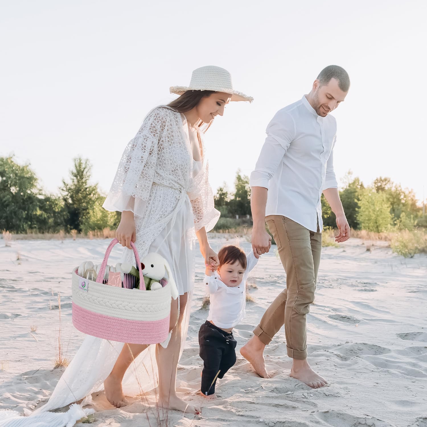 KiddyCare - Vielseitiger Wickelkorb und Windel-Organizer aus 100% Baumwolle und Gewebtem Seil, 3 Herausnehmbare Fächer, Ideal für Unterwegs, Babyshower Geschenk [Pink, Normale Größe]