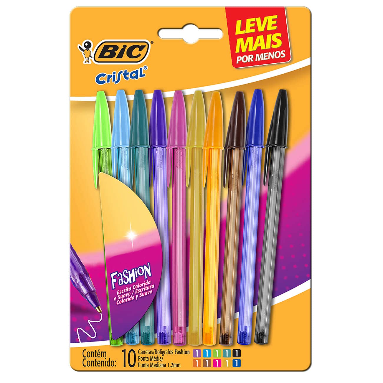Canetas Coloridas Bic Cristal Fashion 10 Cores Vibrantes, Ponta ...