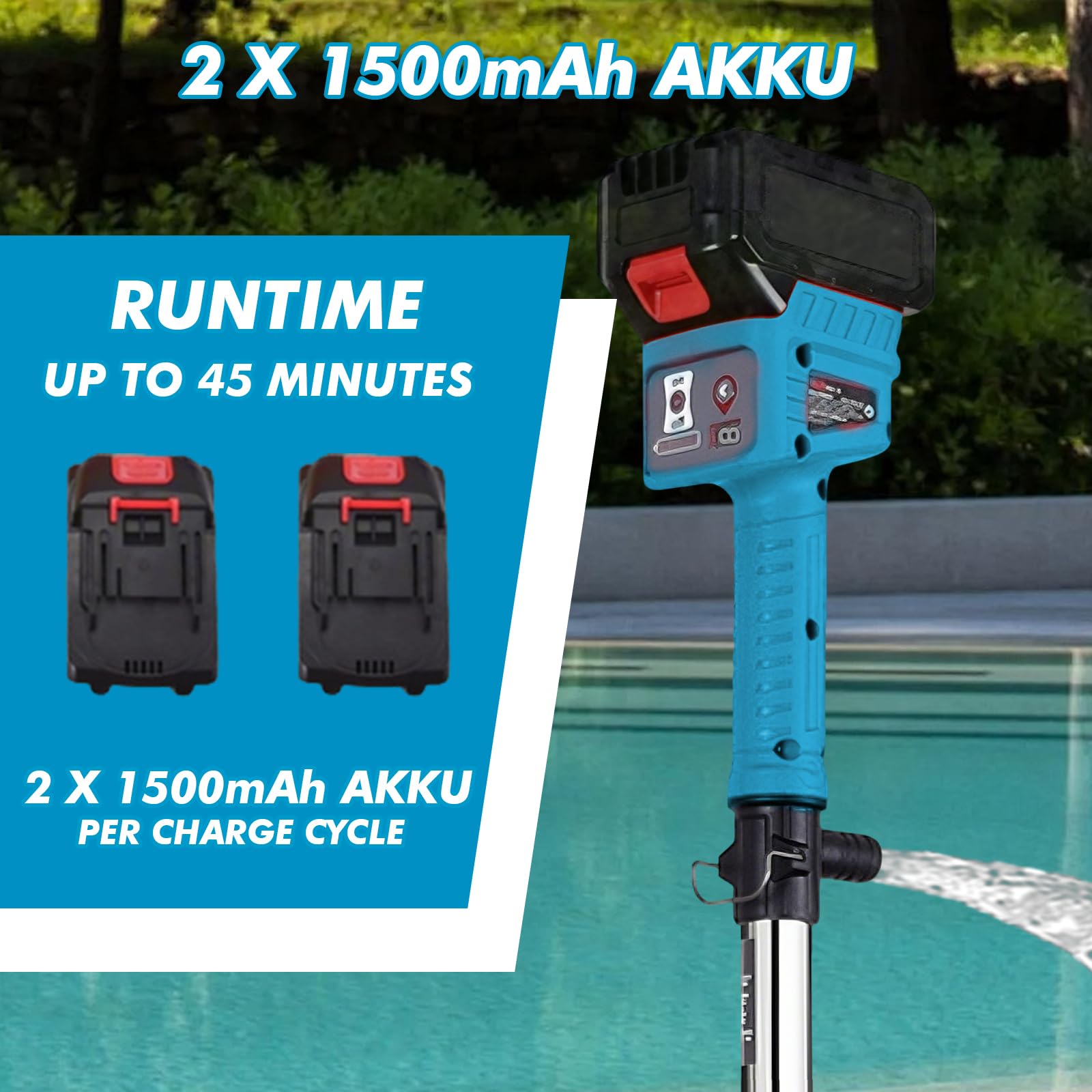 Akku Regenfasspumpe, Kabellose Regenfasspumpe Elektrisch mit 2×1500mAh Akku & 8 m Wasserrohr, max.Fördermenge 3000 L/h, 3-stufiger Durchfluss, Akku Stab-Wasserpumpe für Garten, Pool, Teich, Boot