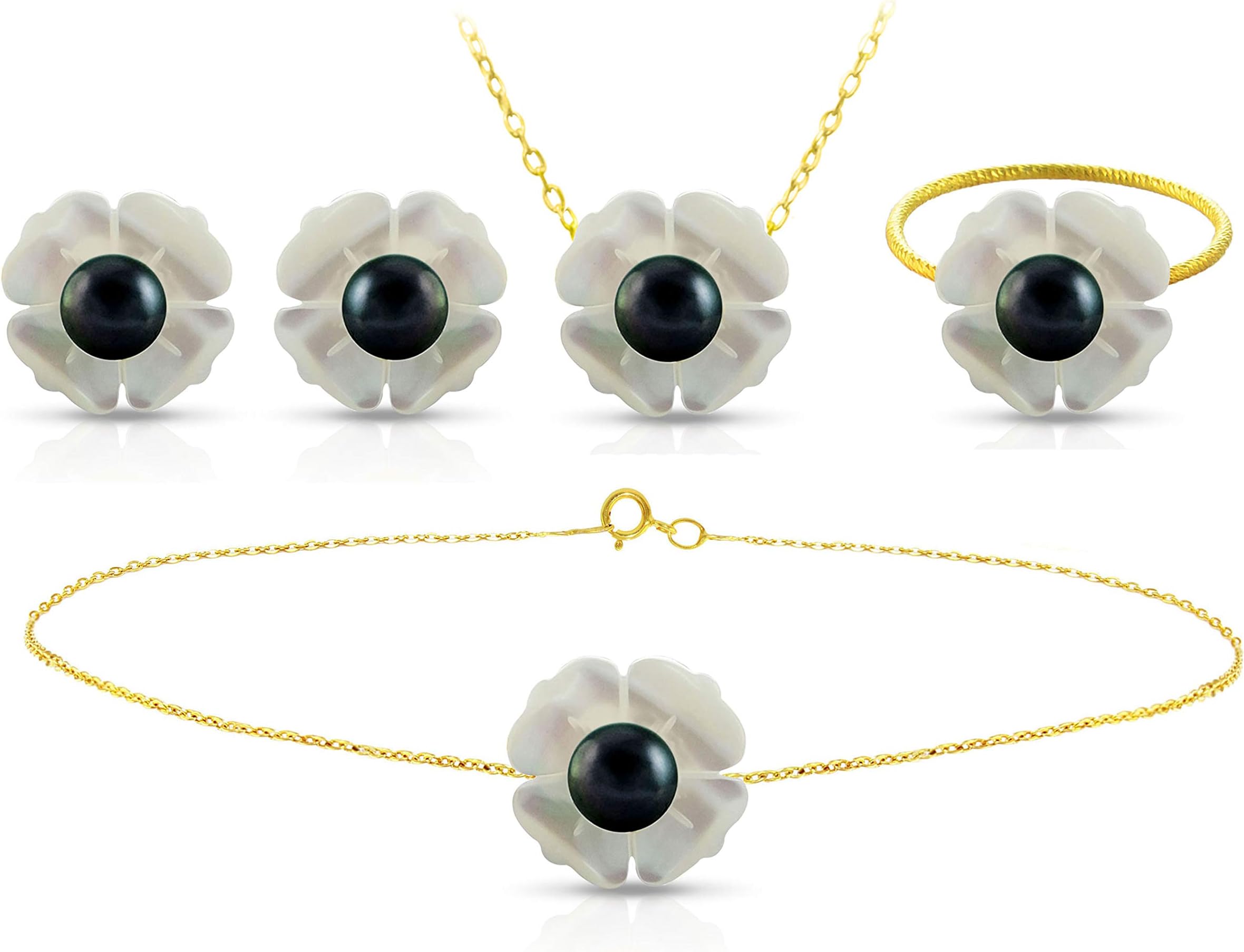 Vera Perla18K Yellow Gold Flower Shape with Black Pearl Jewelry Set - 4 Pieces