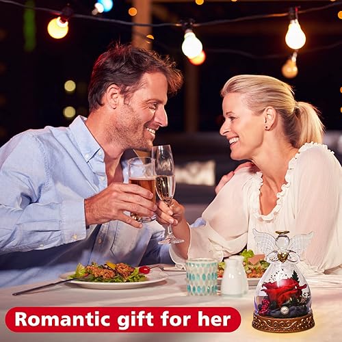 Miniatura 5 de Ángel de vidrio Aastin con rosa real preservada y luz LED, regalos de ángel para mujeres, mamá, abuela en día de la madre, Navidad, cumpleaños (Rojo)