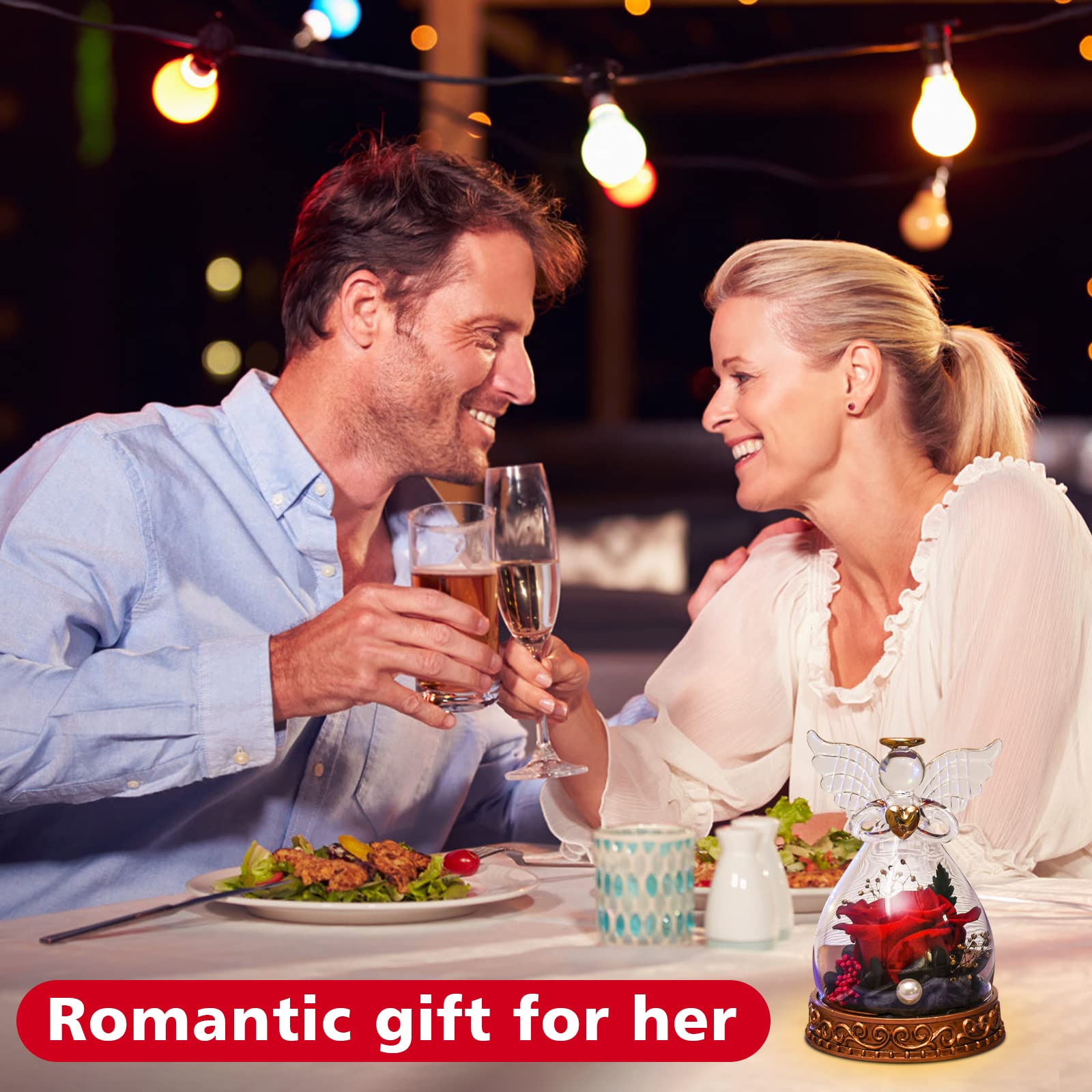 Angelo regalo per donne, mamma, nonna, vera rosa conservata in vetro, angelo con luce LED, regalo di rosa per festa della mamma, Natale, compleanno, San Valentino (rosso)