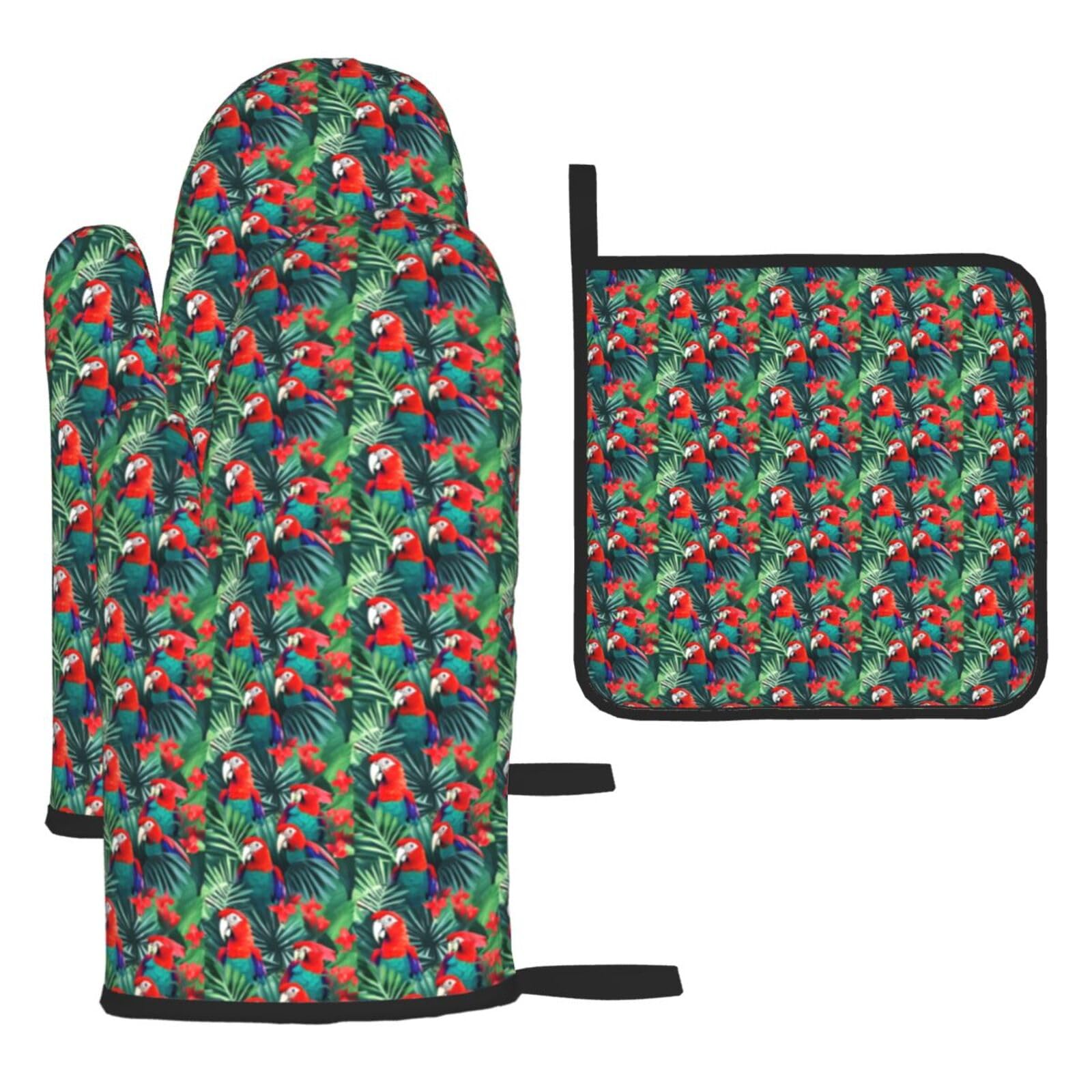 Tropical Flower Parrot Print Oven Mitts Kitchen Gloves Set Everyday Baking Grilling Microwaving Cooking Gift