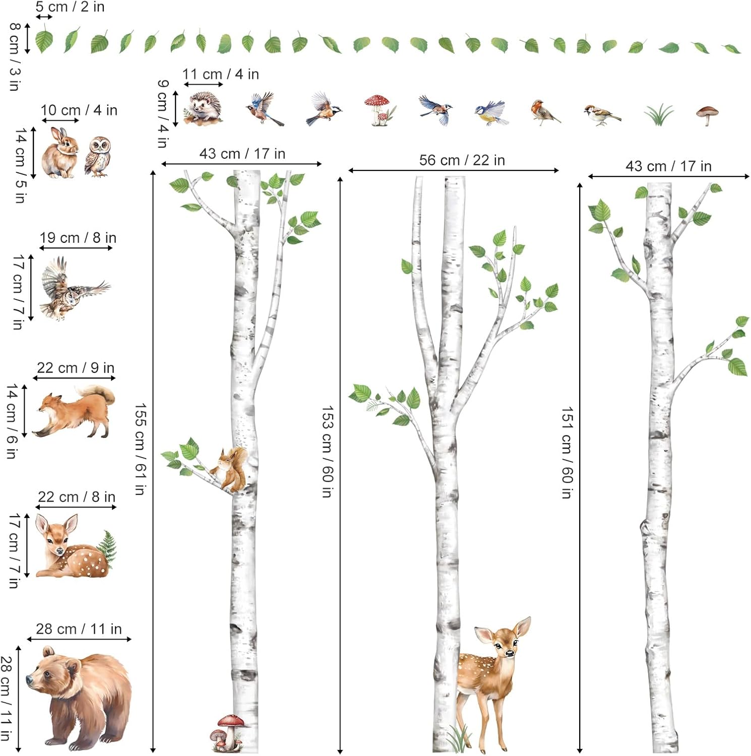 wondever Large Birch Tree Animals Wall Stickers Forest Owl Fox Bear Deer Peel and Stick Wall Art Decals for Baby Nursery Kids Bedroom Living Room
