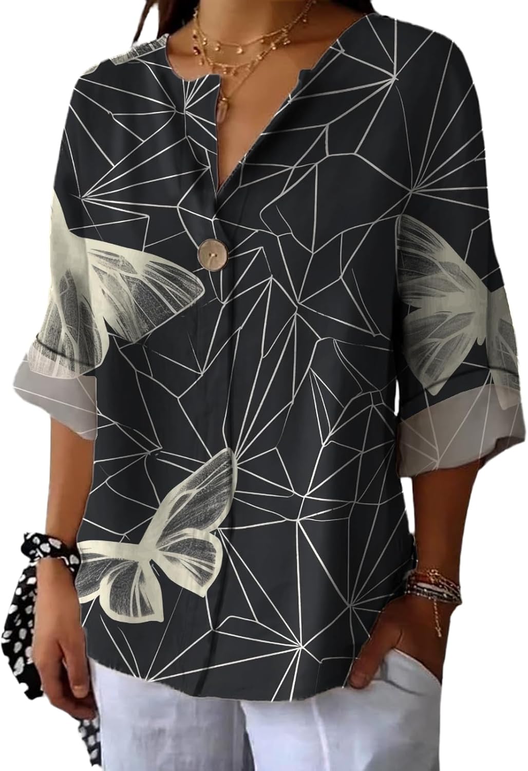 Women Blouses Boho Floral Trendy Slim Fit Tunic Tops Summer Long Sleeve Button Shirts Classic V Neck Business Outfits