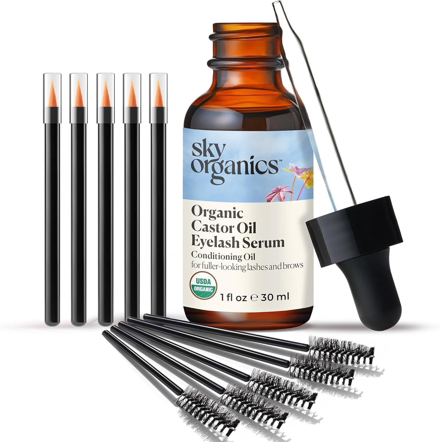 Sky Organics Siero per ciglia biologico all'olio di ricino per ciglia e sopracciglia, puro al 100% e pressato a freddo certificato biologico USDA per rinforzare, idratare e condizionare, 30 ml